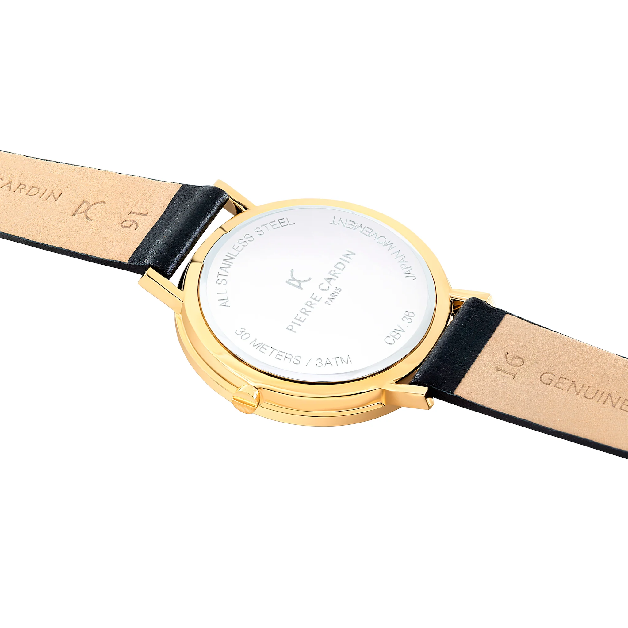 Belleville Patterned Dial Gold Watch with Black Leather Strap - Image 4