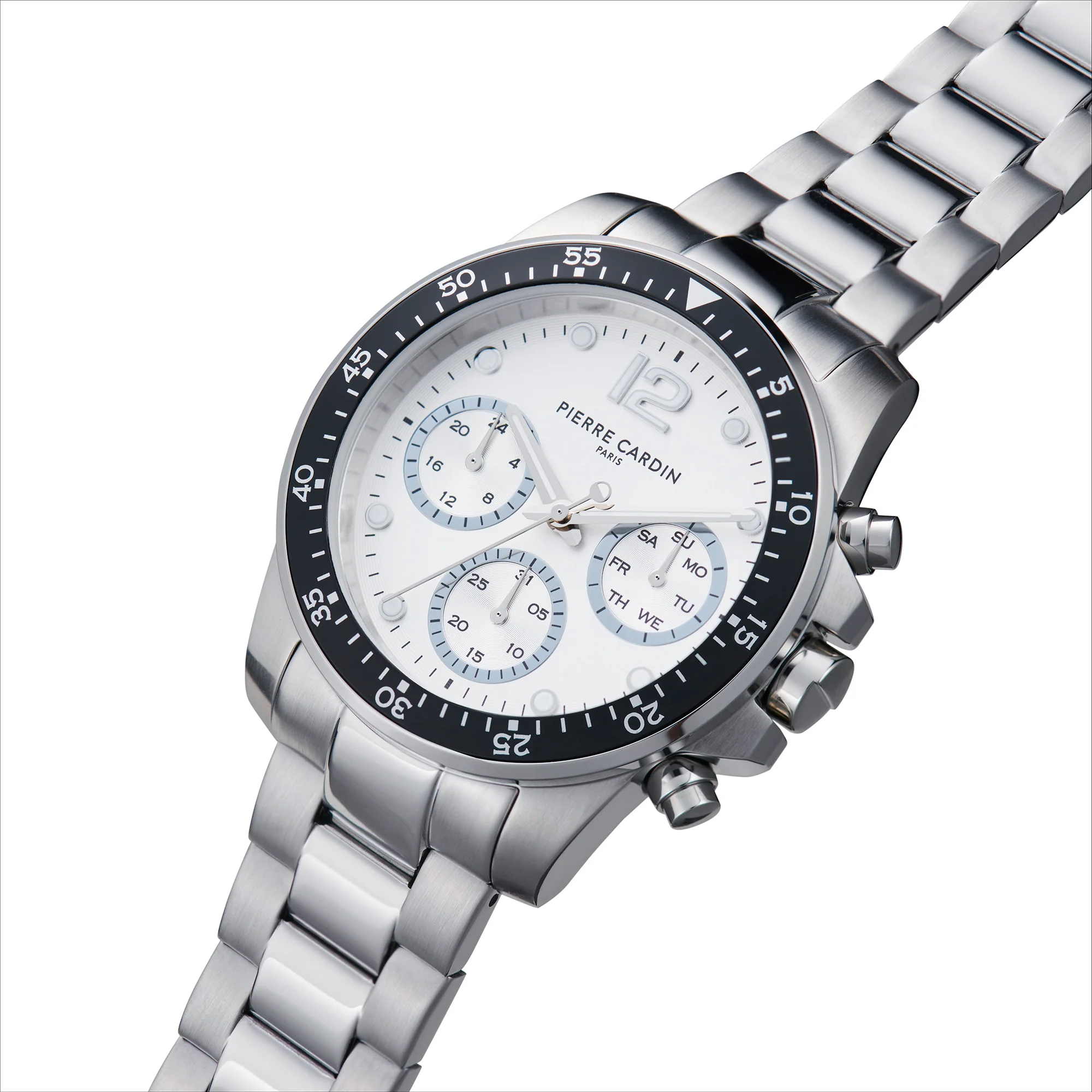 Nation Swank Multifunction watch with White Dial and Black Bezel with a Metal Links Strap - Image 2
