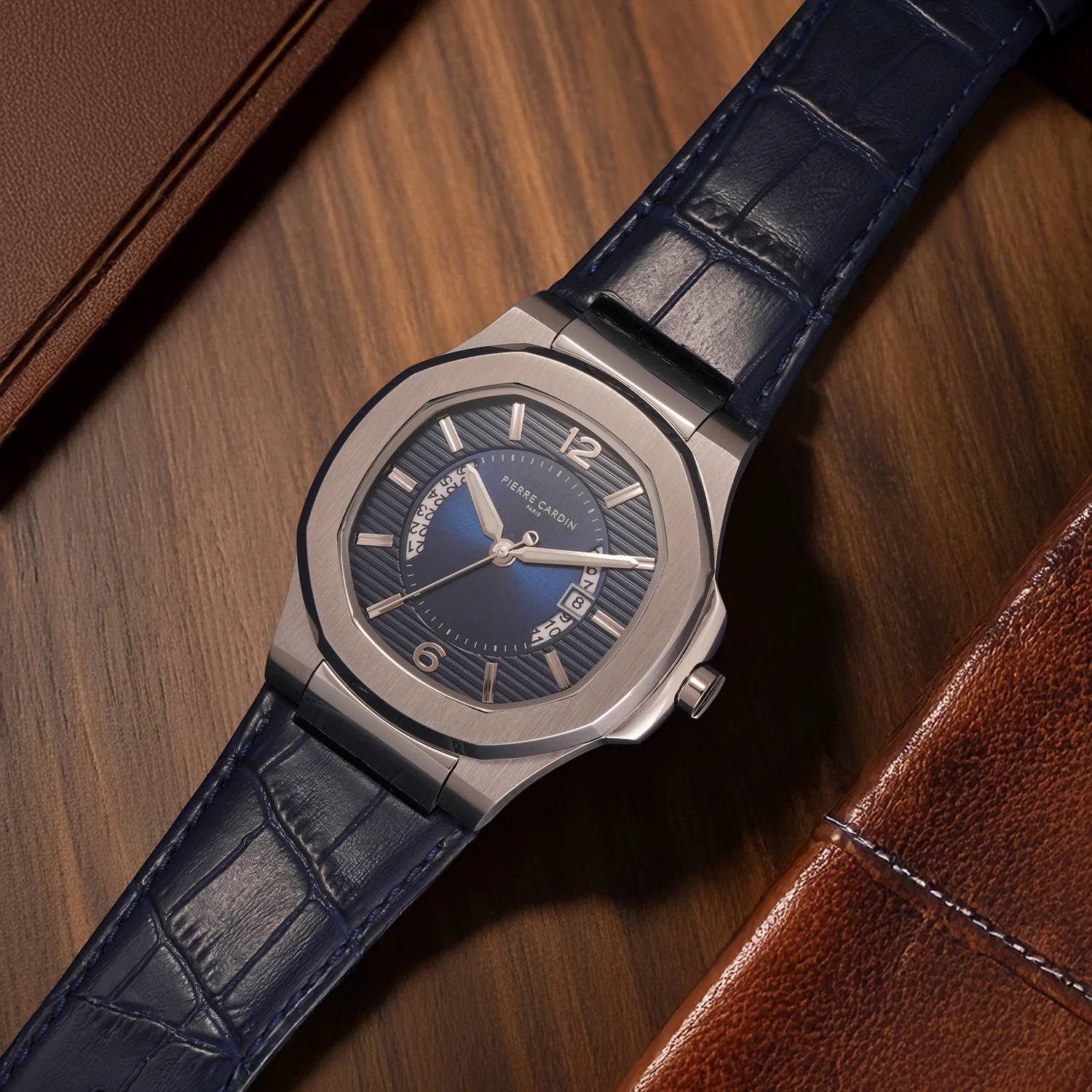 Elegance Supreme Mens 42mm - Stainless Steel Silver with Dark Blue Leather Strap