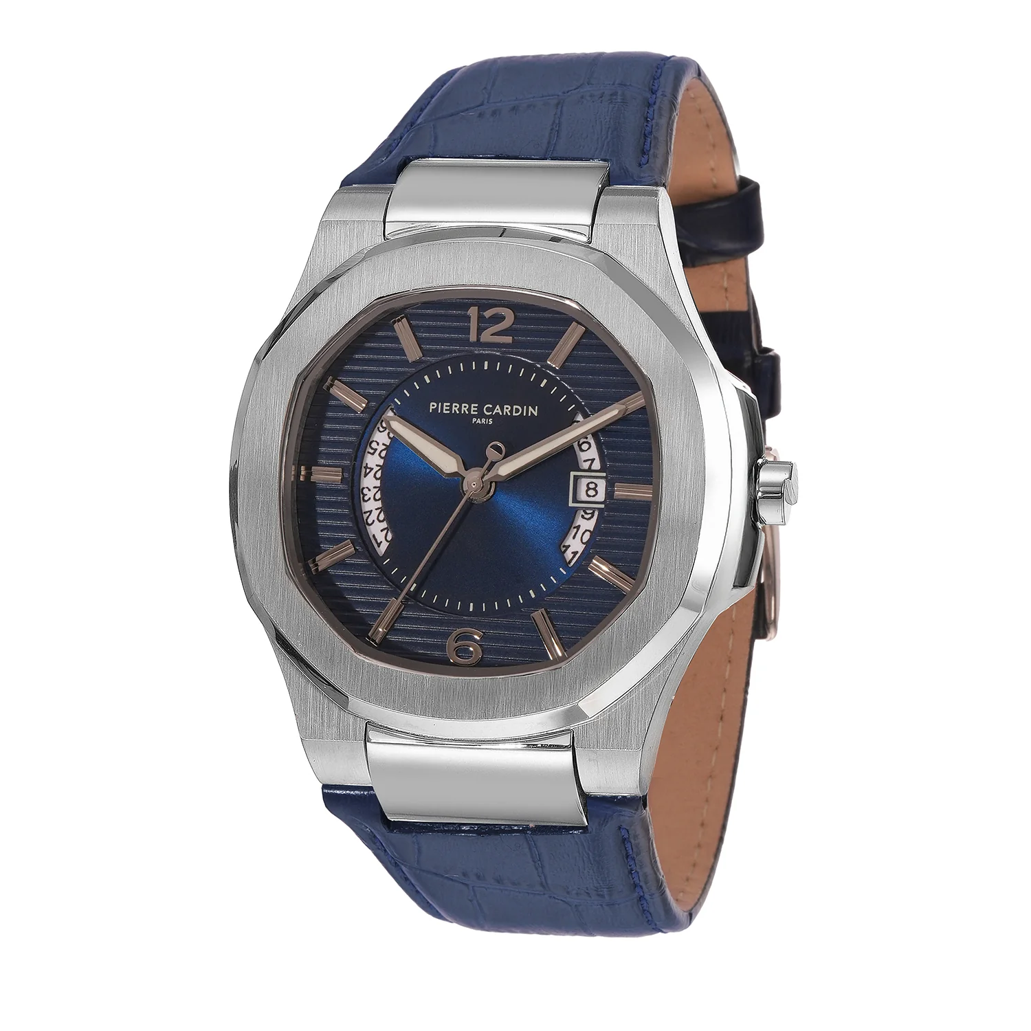 Elegance Supreme Mens 42mm - Stainless Steel Silver with Dark Blue Leather Strap - Image 2