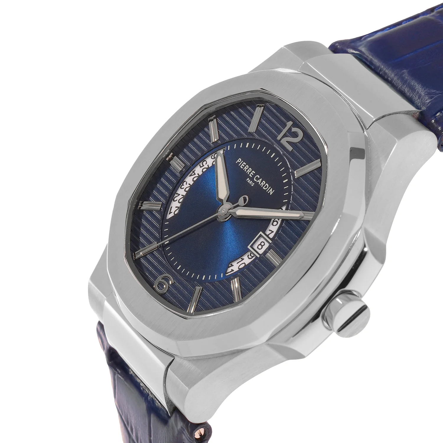 Elegance Supreme Mens 42mm - Stainless Steel Silver with Dark Blue Leather Strap - Image 3
