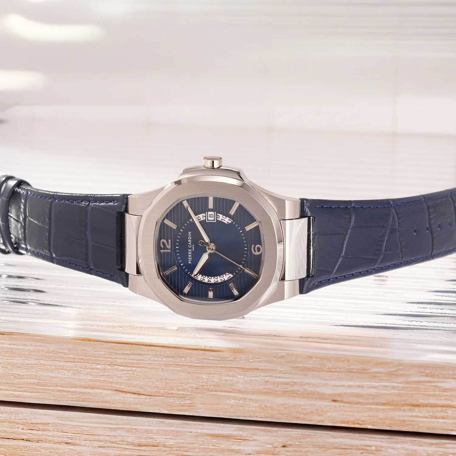 Elegance Supreme Mens 42mm - Stainless Steel Silver with Dark Blue Leather Strap - Image 6