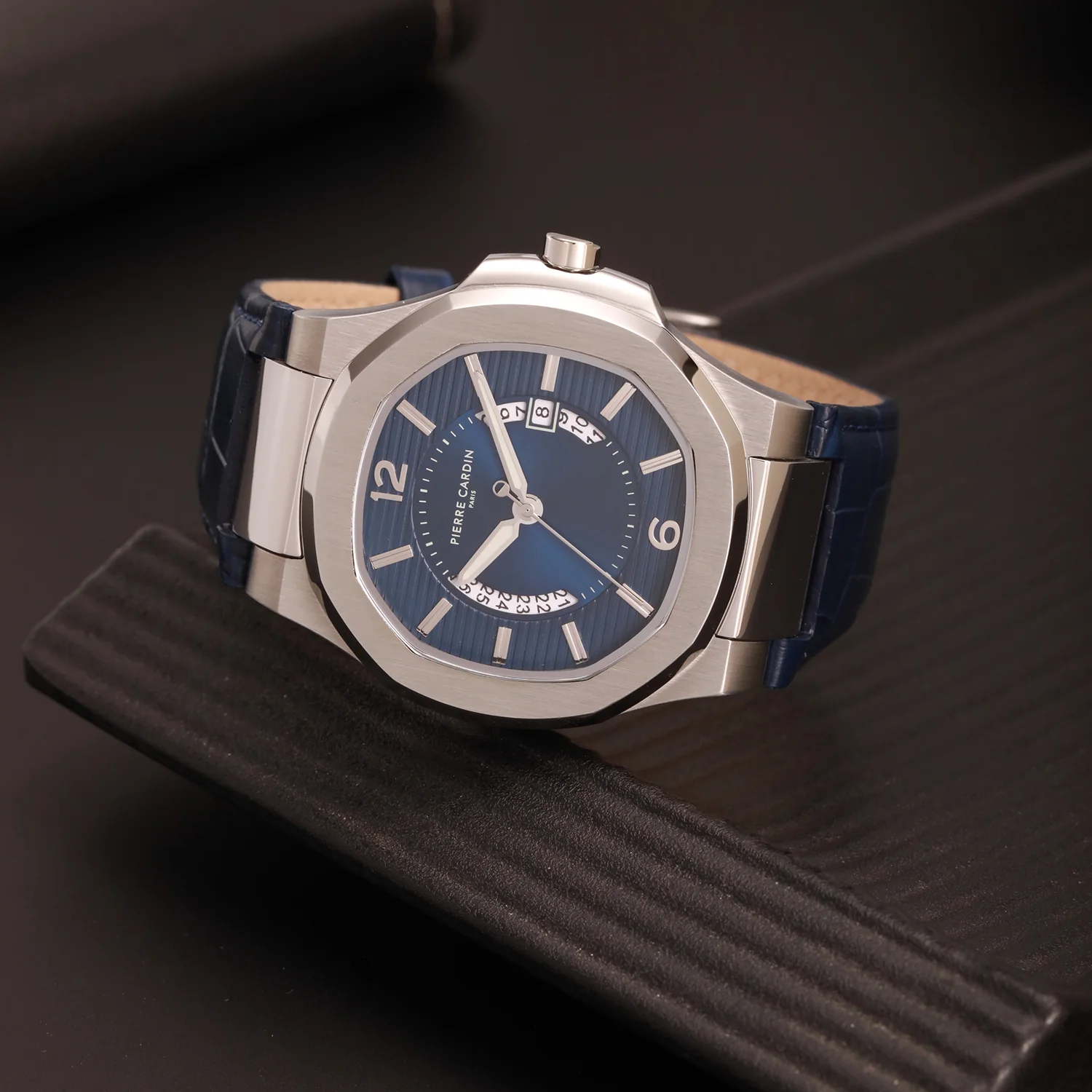 Elegance Supreme Mens 42mm - Stainless Steel Silver with Dark Blue Leather Strap - Image 7