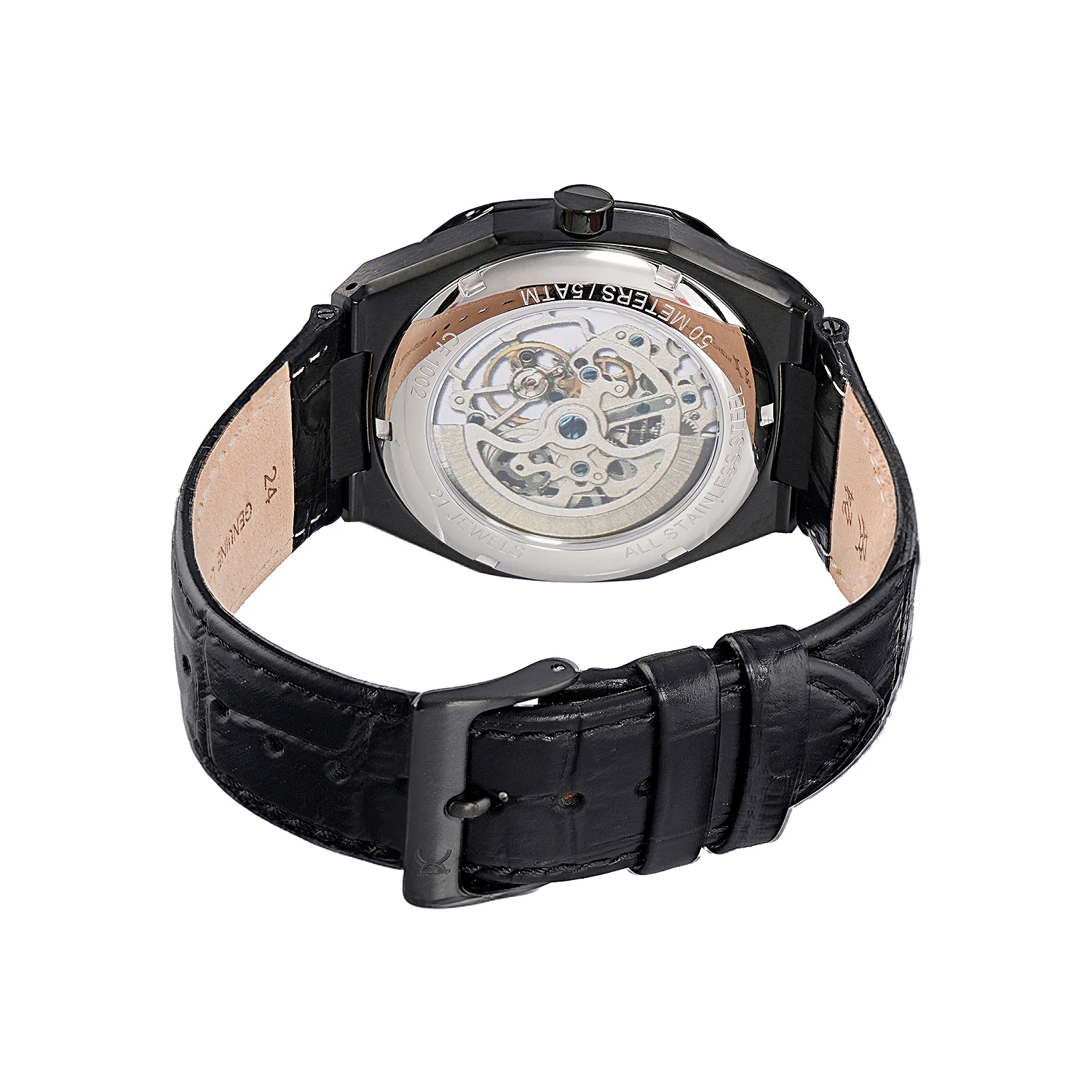 Maison 8 Automatique Men’s 42mm Skeleton Watch - Black Case with Silver Skeleton Dial and Black Leather Strap - Image 3