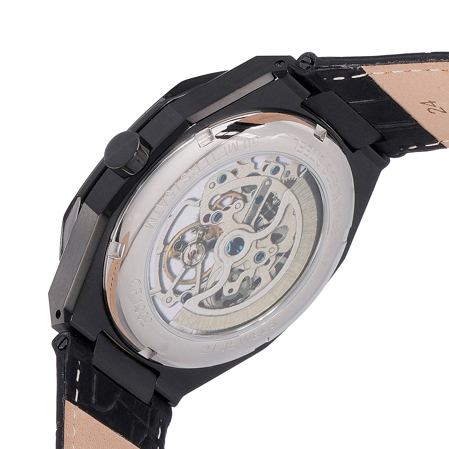 Maison 8 Automatique Men’s 42mm Skeleton Watch - Black Case with Silver Skeleton Dial and Black Leather Strap - Image 4
