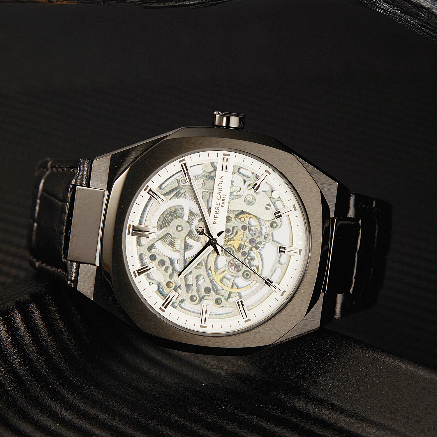 Maison 8 Automatique Men’s 42mm Skeleton Watch - Black Case with Silver Skeleton Dial and Black Leather Strap - Image 6
