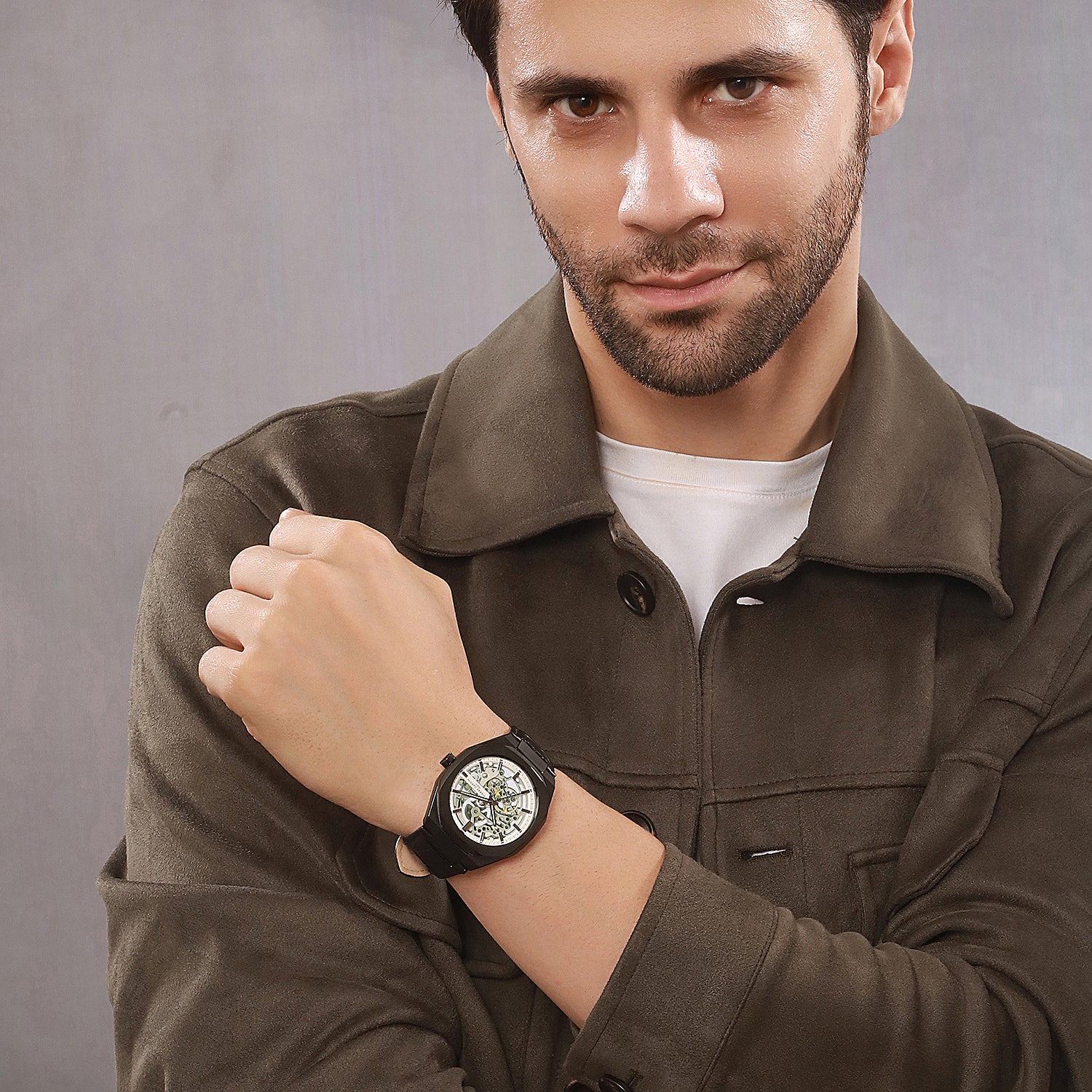 Maison 8 Automatique Men’s 42mm Skeleton Watch - Black Case with Silver Skeleton Dial and Black Leather Strap - Image 7
