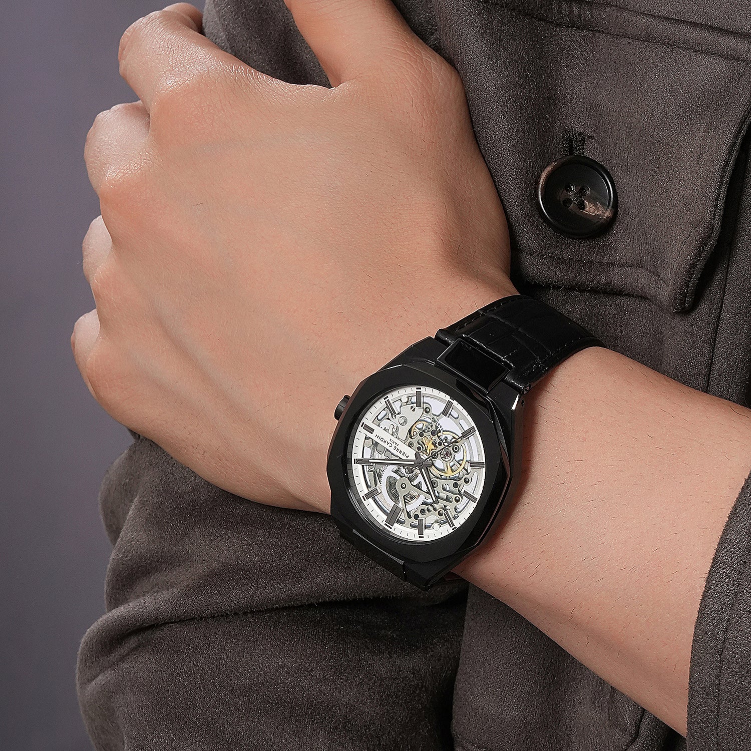Maison 8 Automatique Men’s 42mm Skeleton Watch - Black Case with Silver Skeleton Dial and Black Leather Strap - Image 8