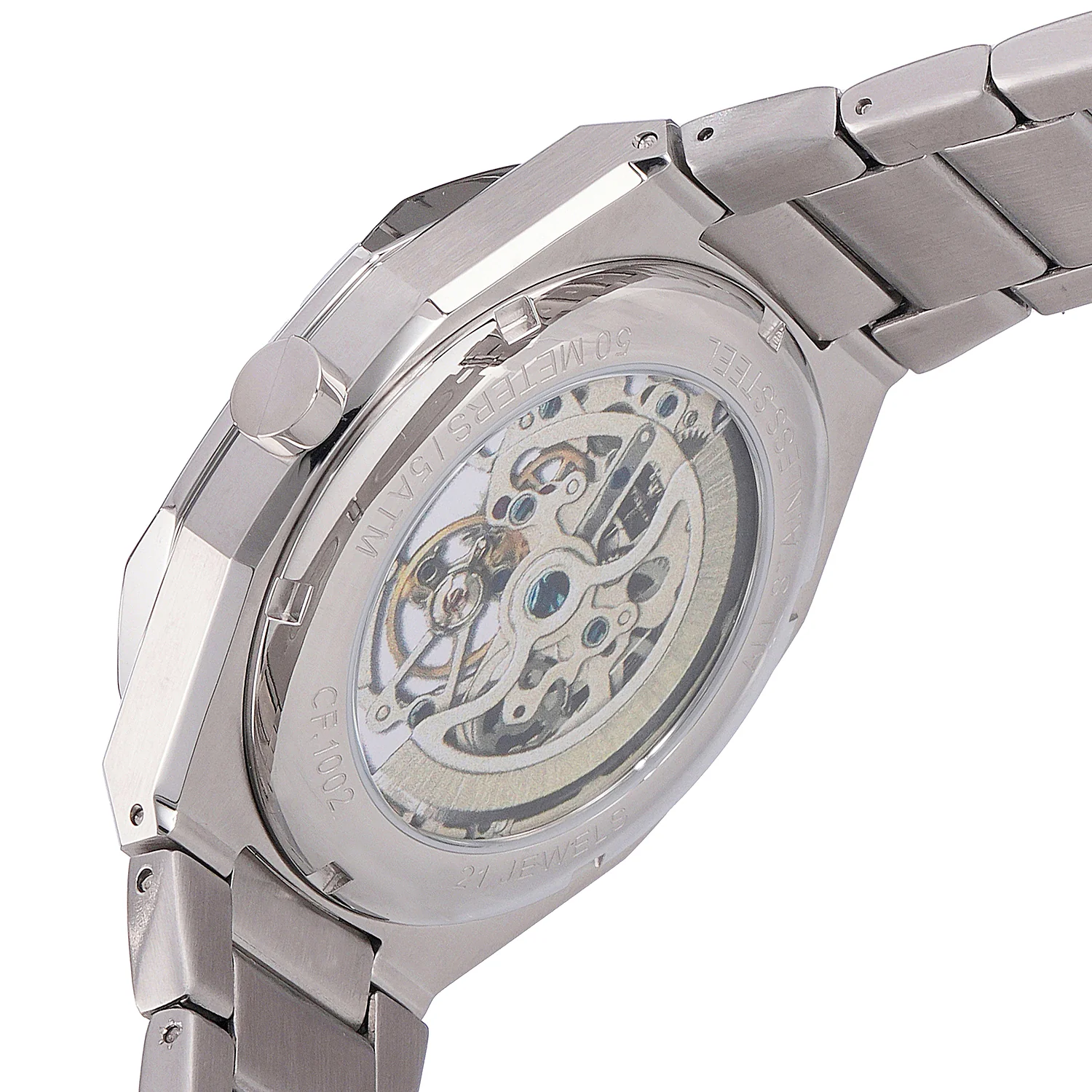 Maison 8 Automatique Men’s 42mm Skeleton Watch - Silver Case with Green Skeleton Dial and Silver Metal Strap - Image 4