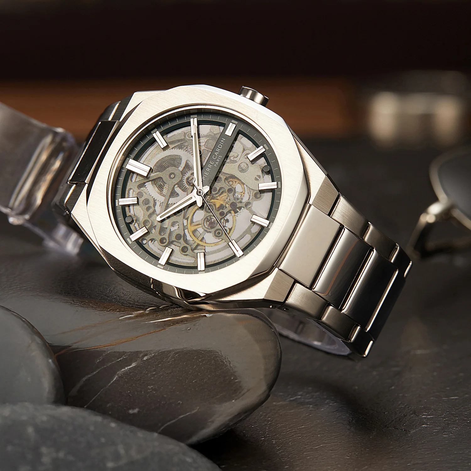 Maison 8 Automatique Men’s 42mm Skeleton Watch - Silver Case with Green Skeleton Dial and Silver Metal Strap - Image 5
