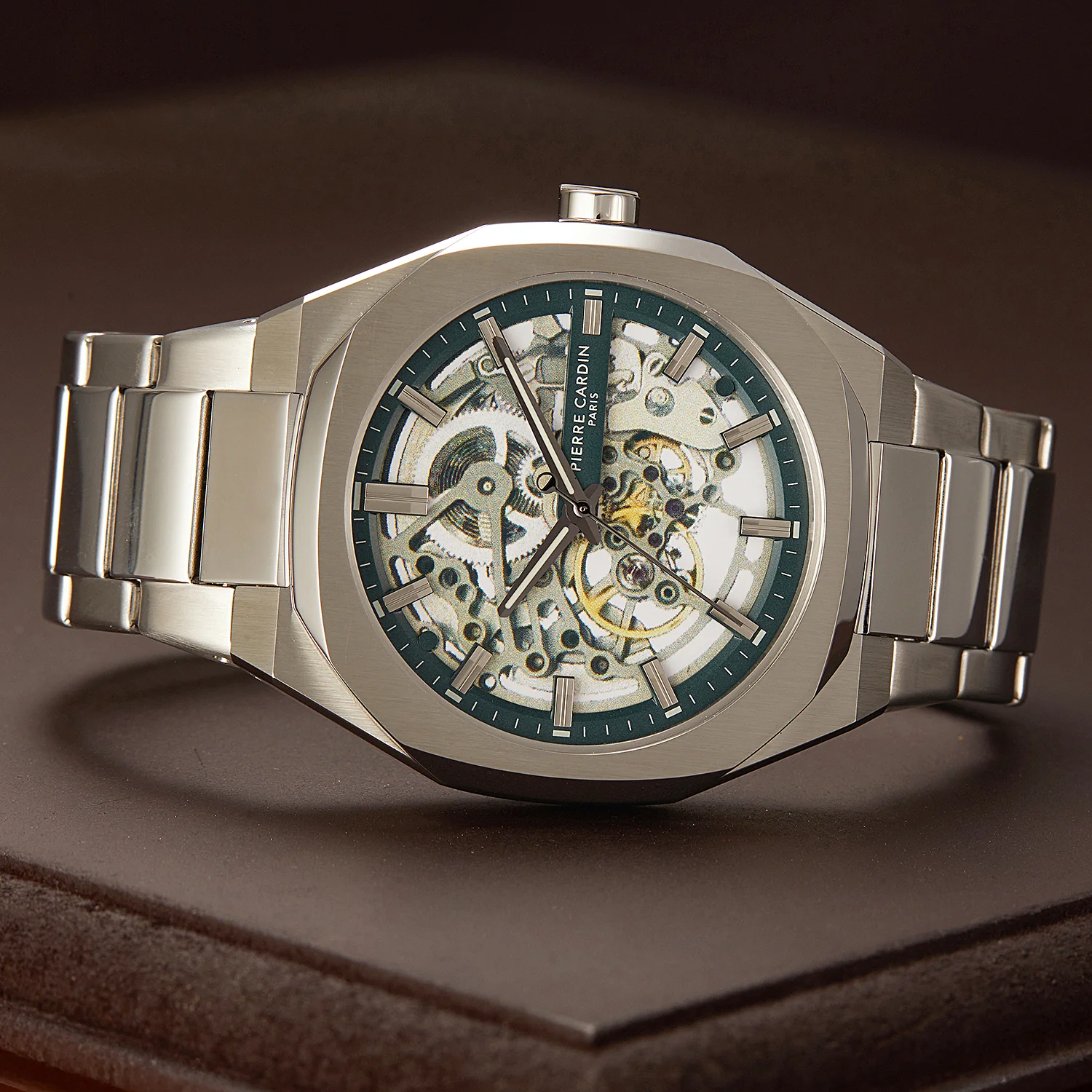 Maison 8 Automatique Men’s 42mm Skeleton Watch - Silver Case with Green Skeleton Dial and Silver Metal Strap - Image 7