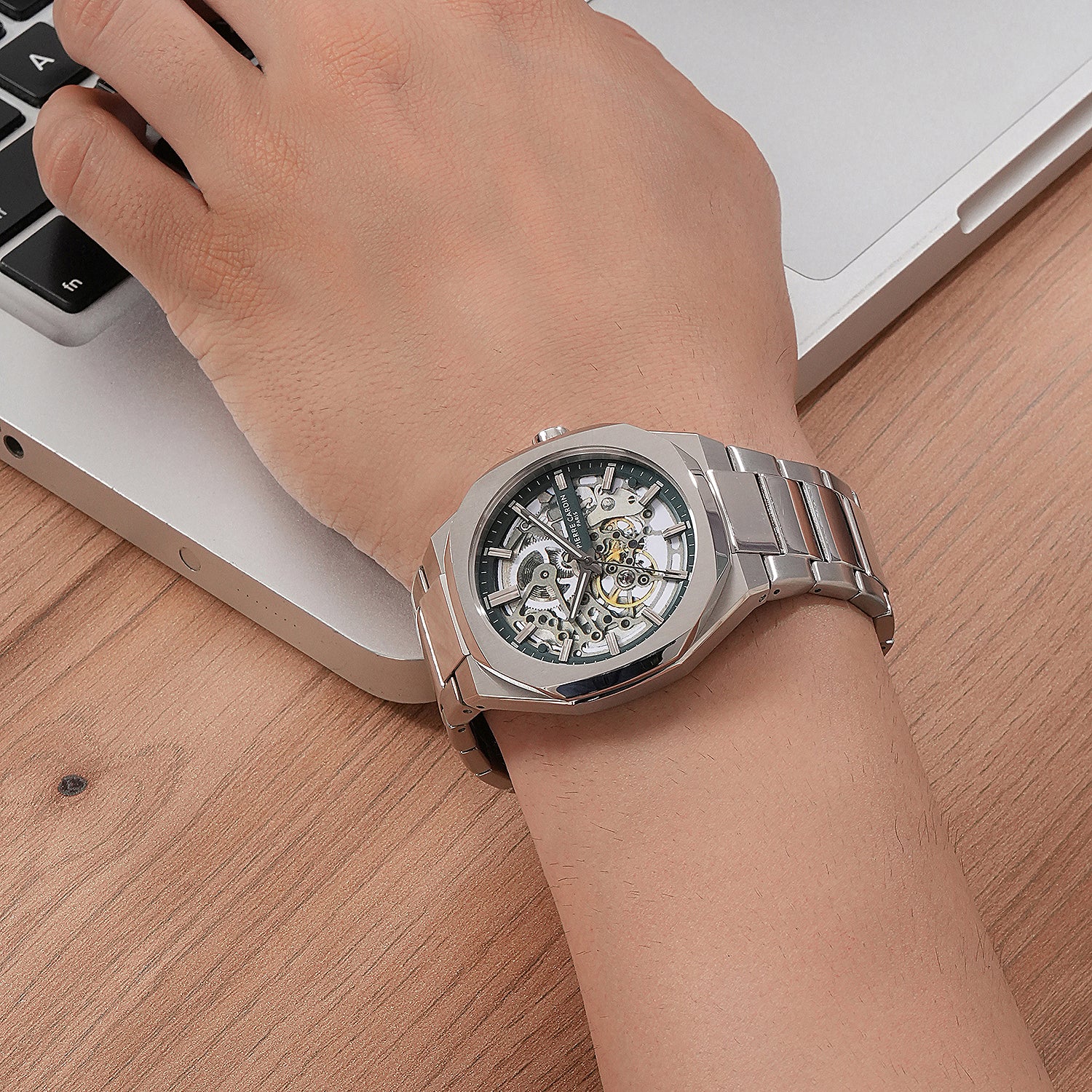 Maison 8 Automatique Men’s 42mm Skeleton Watch - Silver Case with Green Skeleton Dial and Silver Metal Strap - Image 8