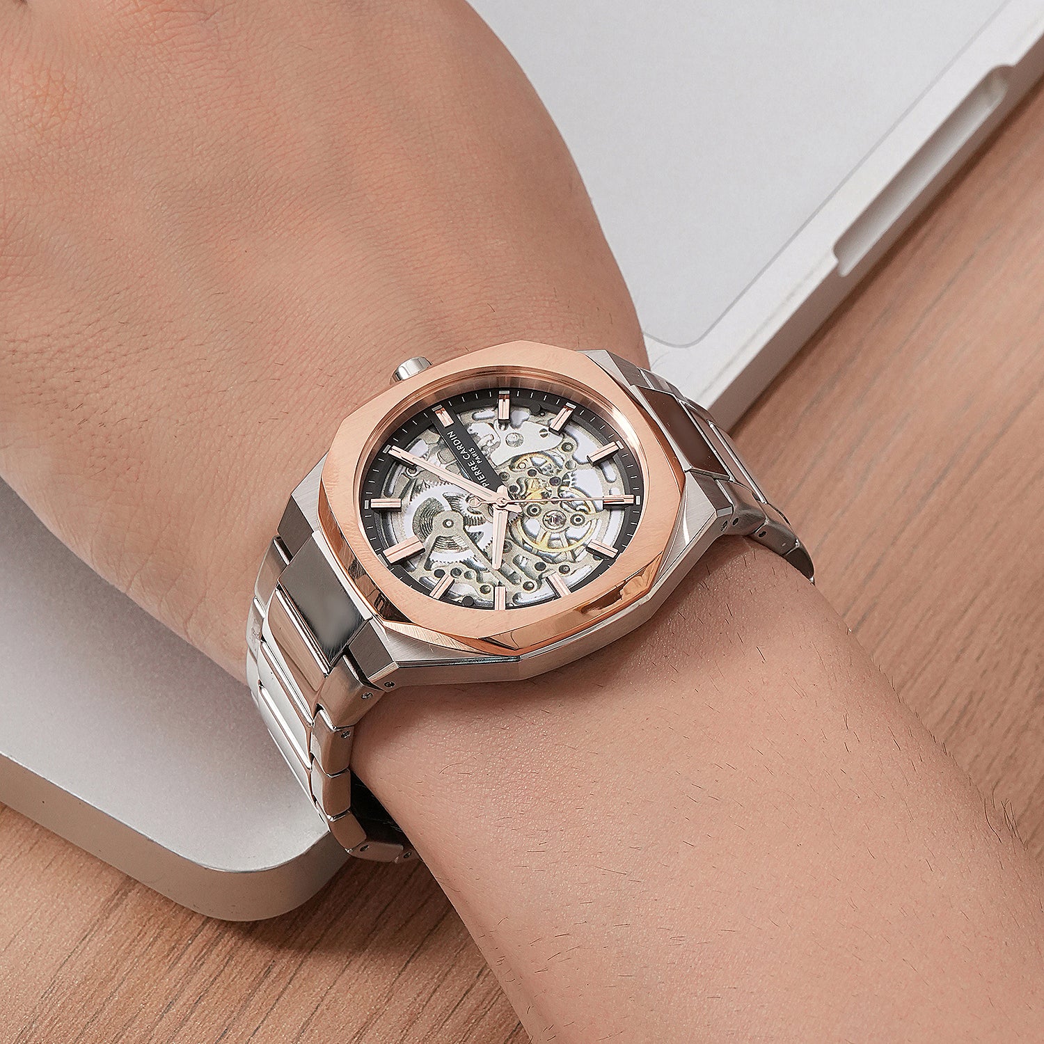 Maison 8 Automatique Men’s 42mm Skeleton Watch - Two-Tone Rose Gold & Silver Case with Silver Metal Strap - Image 8