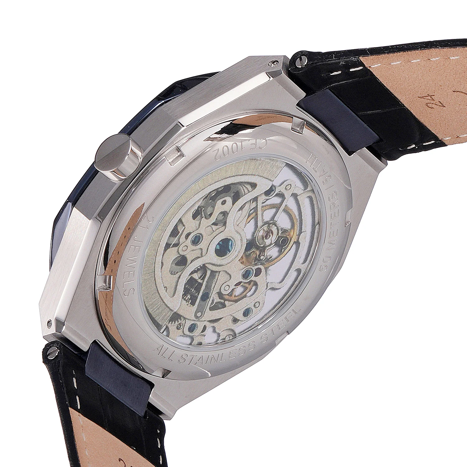 Maison 8 Automatique Men’s 42mm Two-Tone Blue & Silver Watch - Blue Dial with Black Leather Strap - Image 4