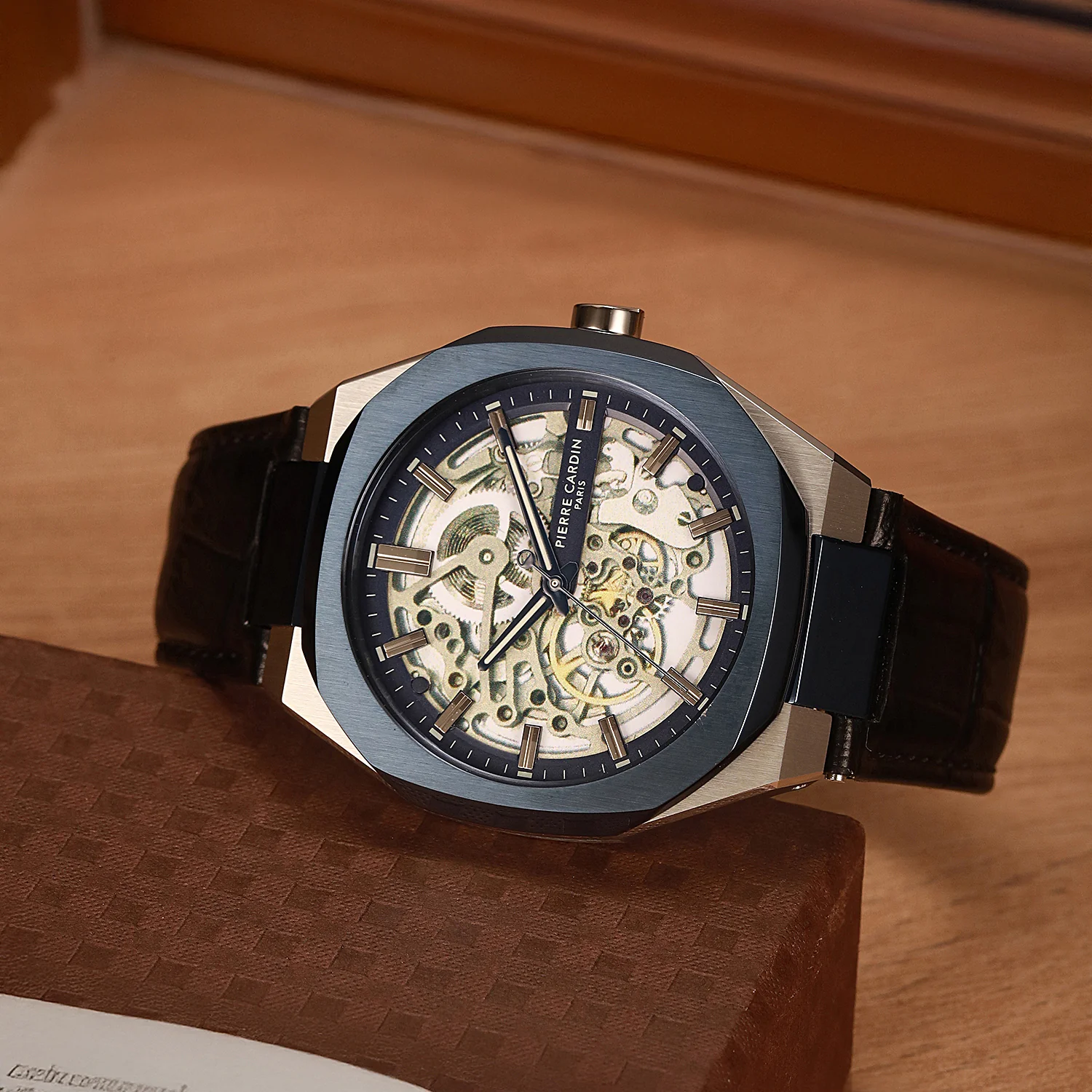 Maison 8 Automatique Men’s 42mm Two-Tone Blue & Silver Watch - Blue Dial with Black Leather Strap - Image 6