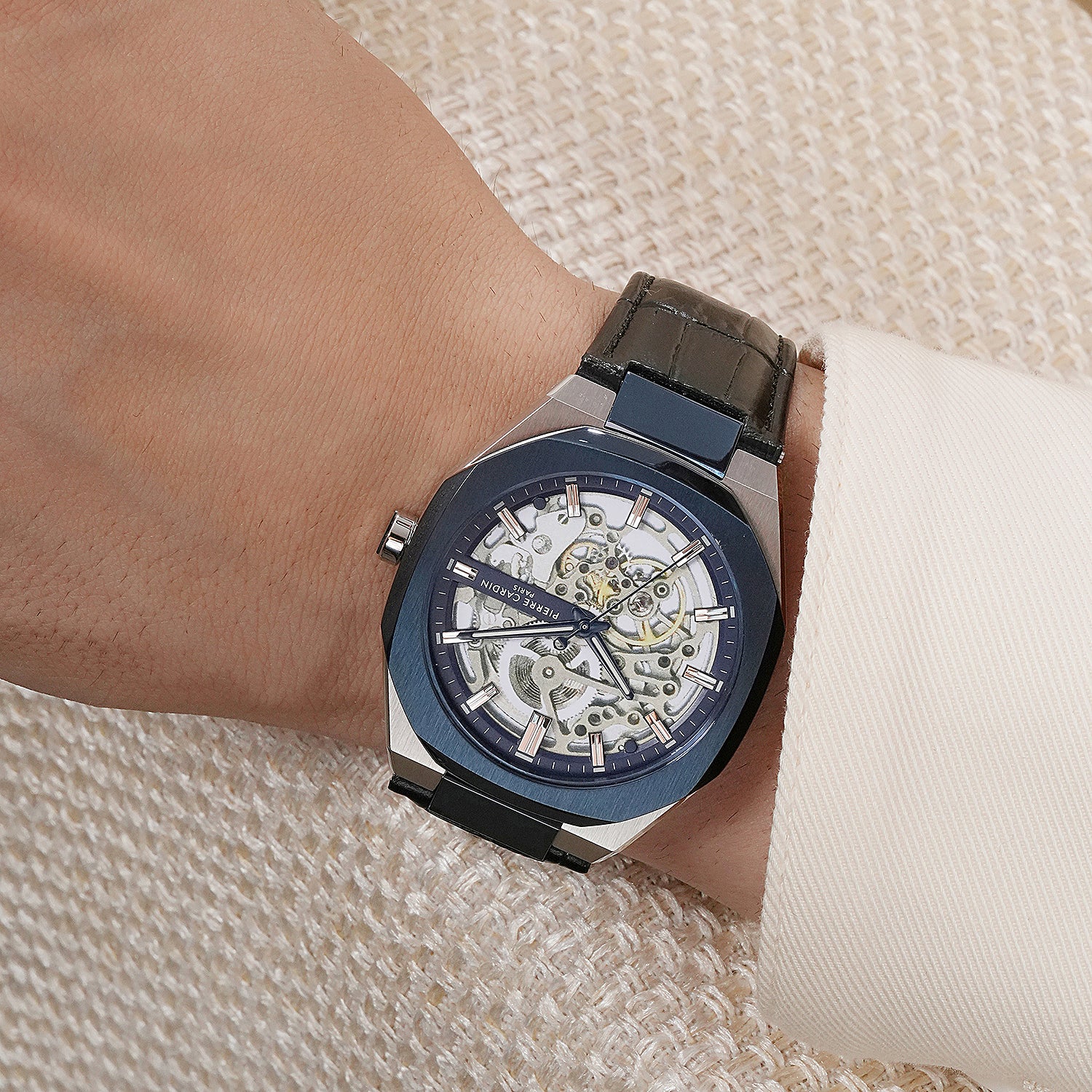 Maison 8 Automatique Men’s 42mm Two-Tone Blue & Silver Watch - Blue Dial with Black Leather Strap - Image 7