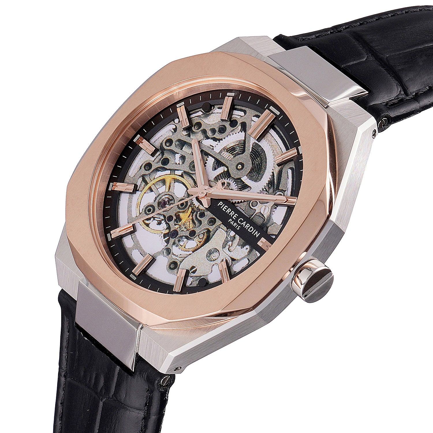 Maison 8 Automatique Men’s 42mm Two-Tone Rose Gold & Silver Watch - Black Dial with Black Leather Strap - Image 3