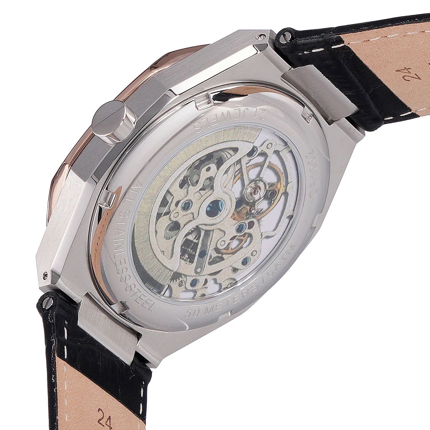 Maison 8 Automatique Men’s 42mm Two-Tone Rose Gold & Silver Watch - Black Dial with Black Leather Strap - Image 5