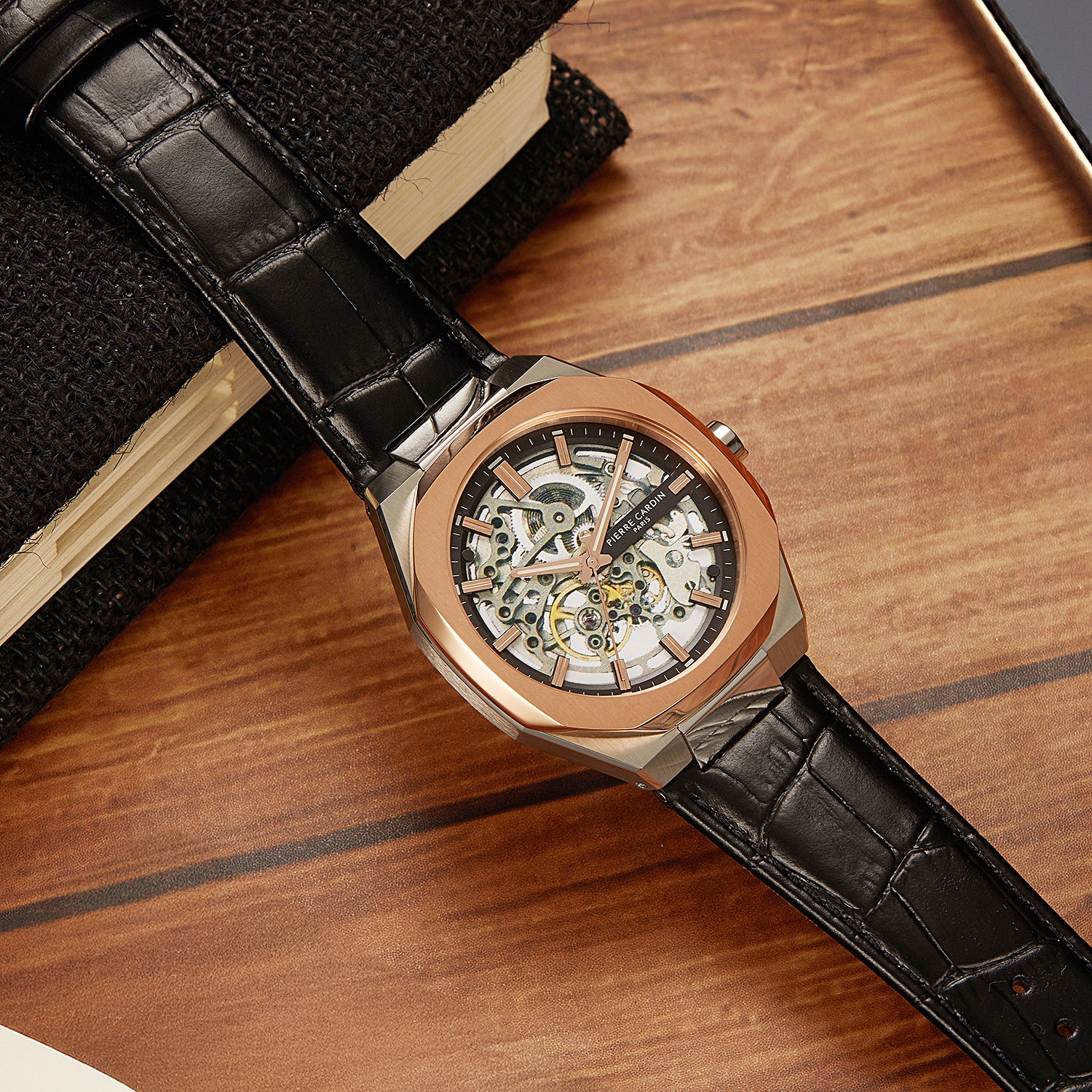 Maison 8 Automatique Men’s 42mm Two-Tone Rose Gold & Silver Watch - Black Dial with Black Leather Strap - Image 6