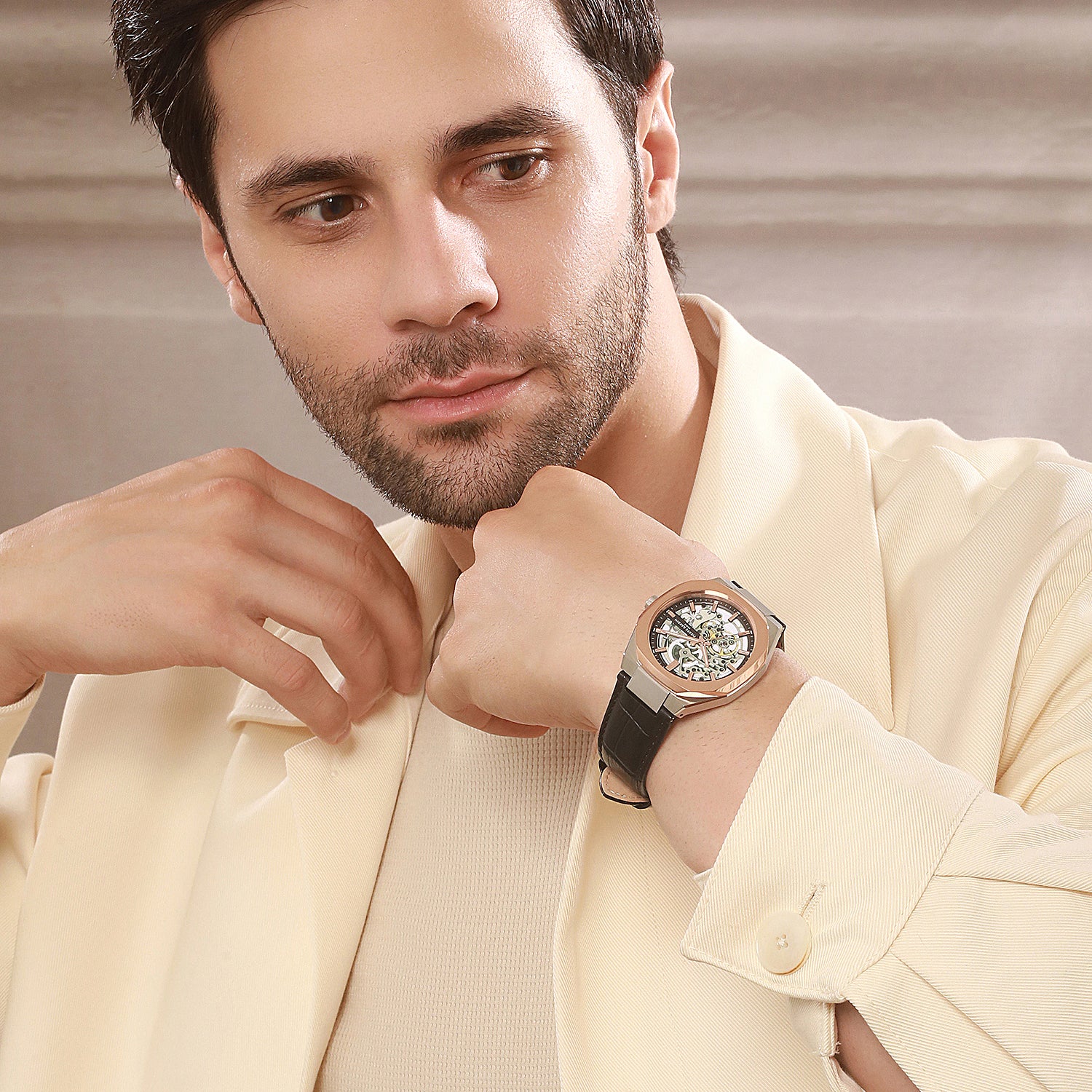 Maison 8 Automatique Men’s 42mm Two-Tone Rose Gold & Silver Watch - Black Dial with Black Leather Strap - Image 7