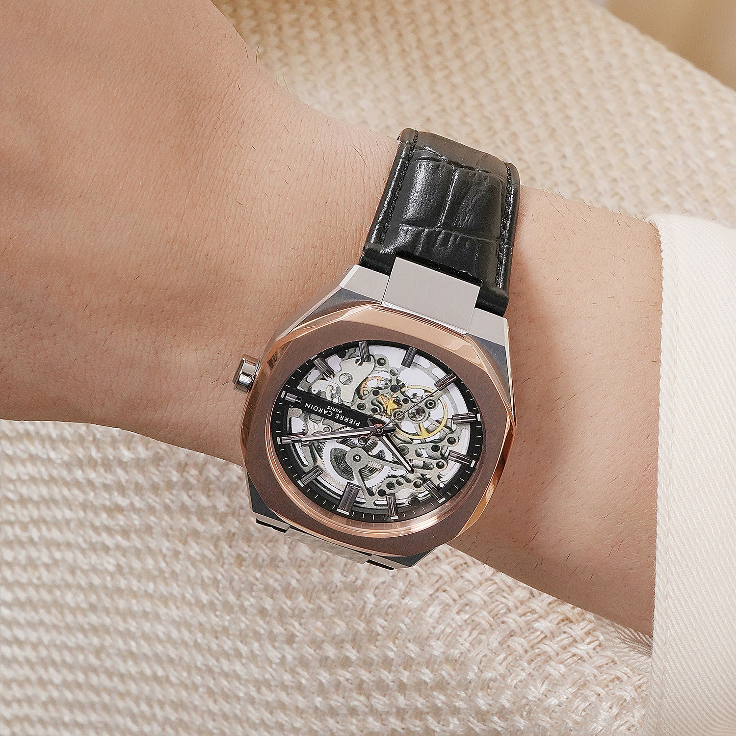 Maison 8 Automatique Men’s 42mm Two-Tone Rose Gold & Silver Watch - Black Dial with Black Leather Strap - Image 8