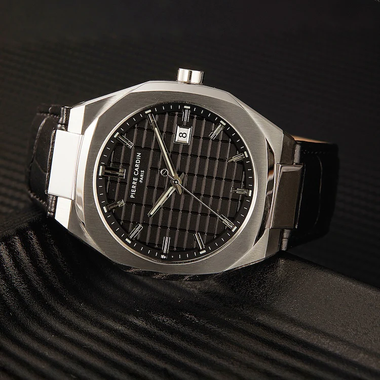Maison 8 Checkers 42mm Men’s Stainless Steel Watch - Black Checkered Dial with Leather Strap - Image 6