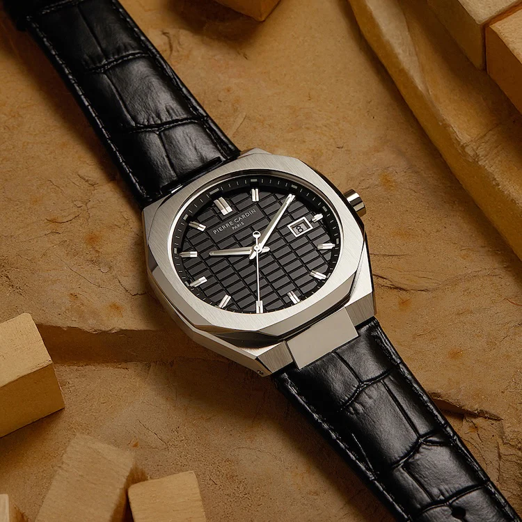 Maison 8 Checkers 42mm Men’s Stainless Steel Watch - Black Checkered Dial with Leather Strap - Image 7