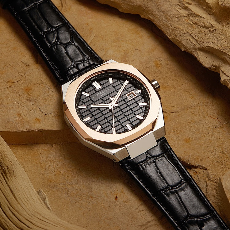 Maison 8 Checkers Men’s Two-Tone Rose Gold & Silver 42mm Stainless Steel Watch - Black Checkered Dial with Leather Strap - Image 5