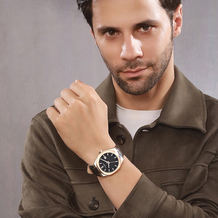 Maison 8 Checkers Men’s Two-Tone Rose Gold & Silver 42mm Stainless Steel Watch - Black Checkered Dial with Leather Strap - Image 7