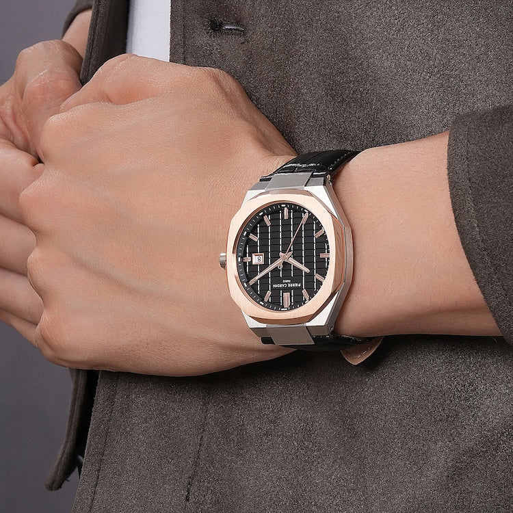 Maison 8 Checkers Men’s Two-Tone Rose Gold & Silver 42mm Stainless Steel Watch - Black Checkered Dial with Leather Strap - Image 9