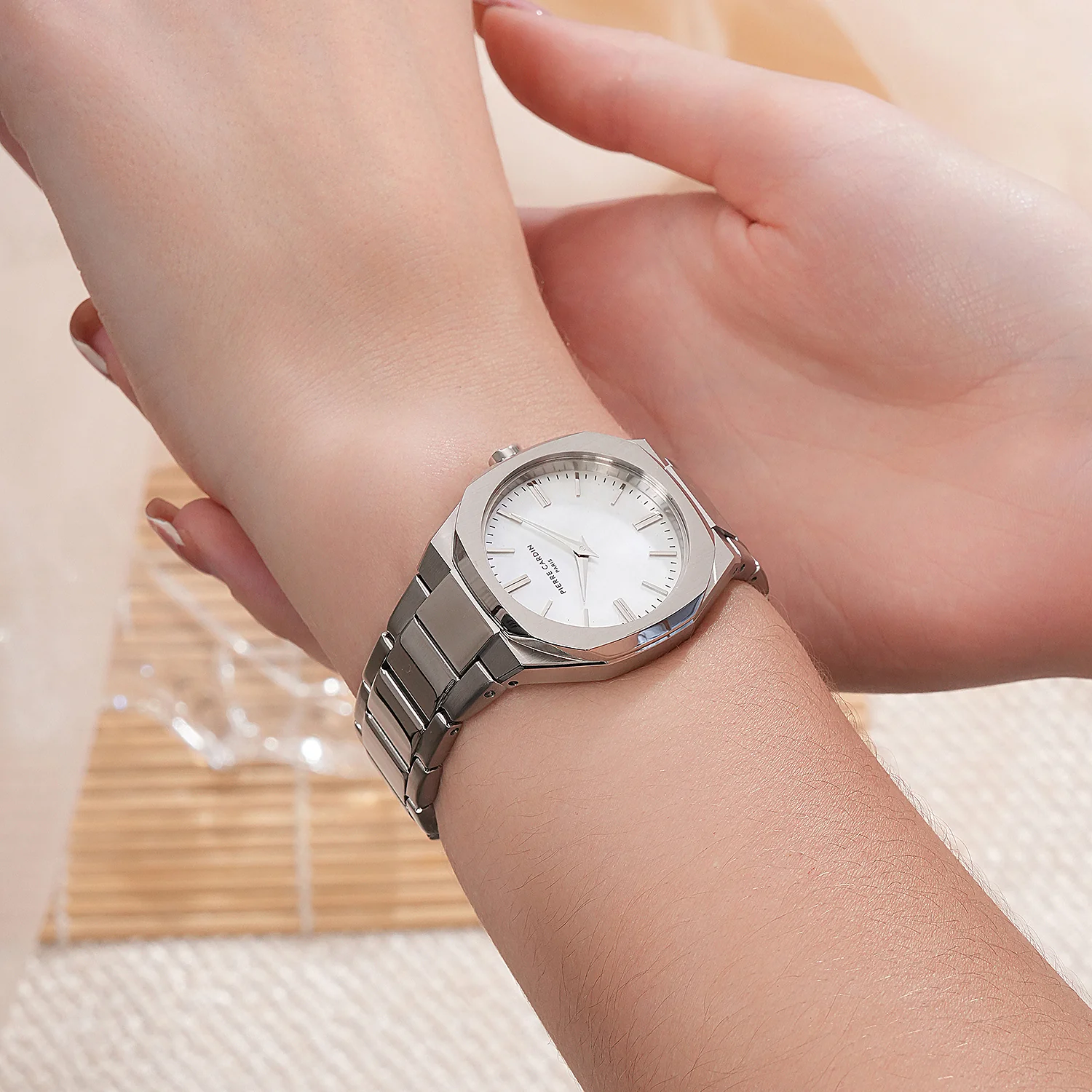 Maison 8 Chrysanthème Ladies’ Watch - Silver Case, White Mother of Pearl Dial Look with Stainless Steel Band - Image 8