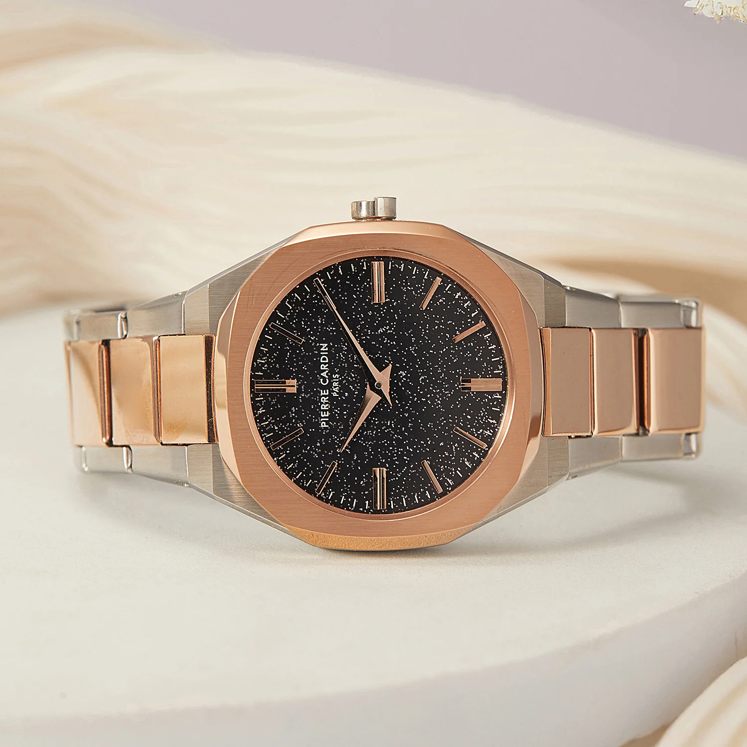 Maison 8 Chrysanthème Ladies’ Watch - Two-Tone Rose Gold & Silver Case, Black Sparkle Dial with Two-Tone Metal Strap - Image 6