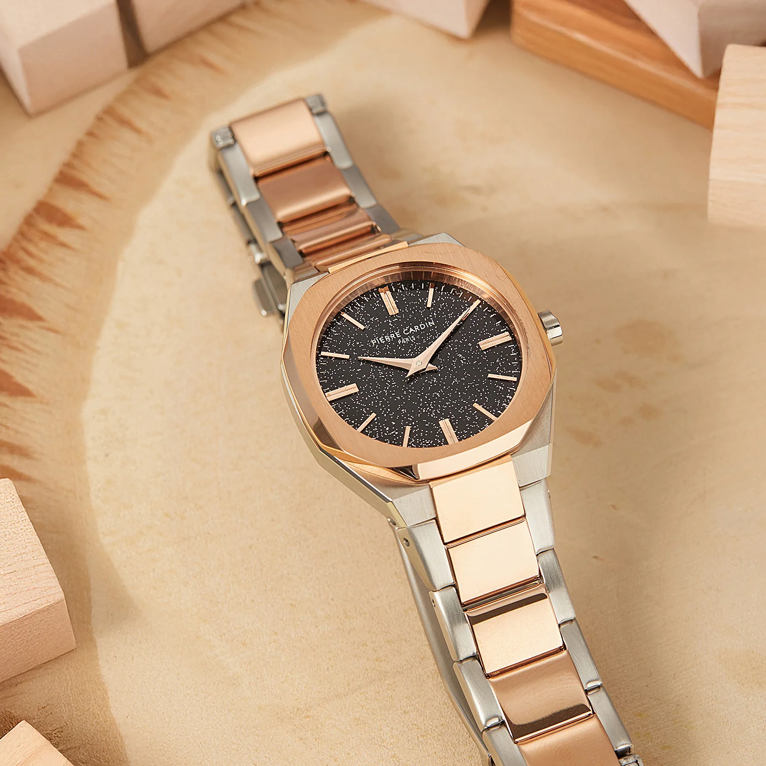 Maison 8 Chrysanthème Ladies’ Watch - Two-Tone Rose Gold & Silver Case, Black Sparkle Dial with Two-Tone Metal Strap - Image 7