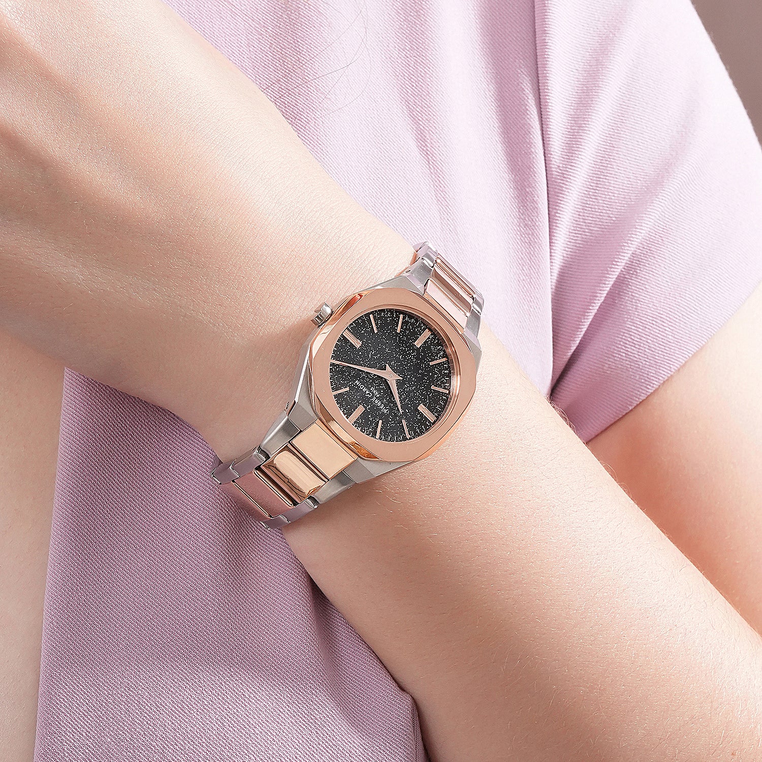 Maison 8 Chrysanthème Ladies’ Watch - Two-Tone Rose Gold & Silver Case, Black Sparkle Dial with Two-Tone Metal Strap - Image 8