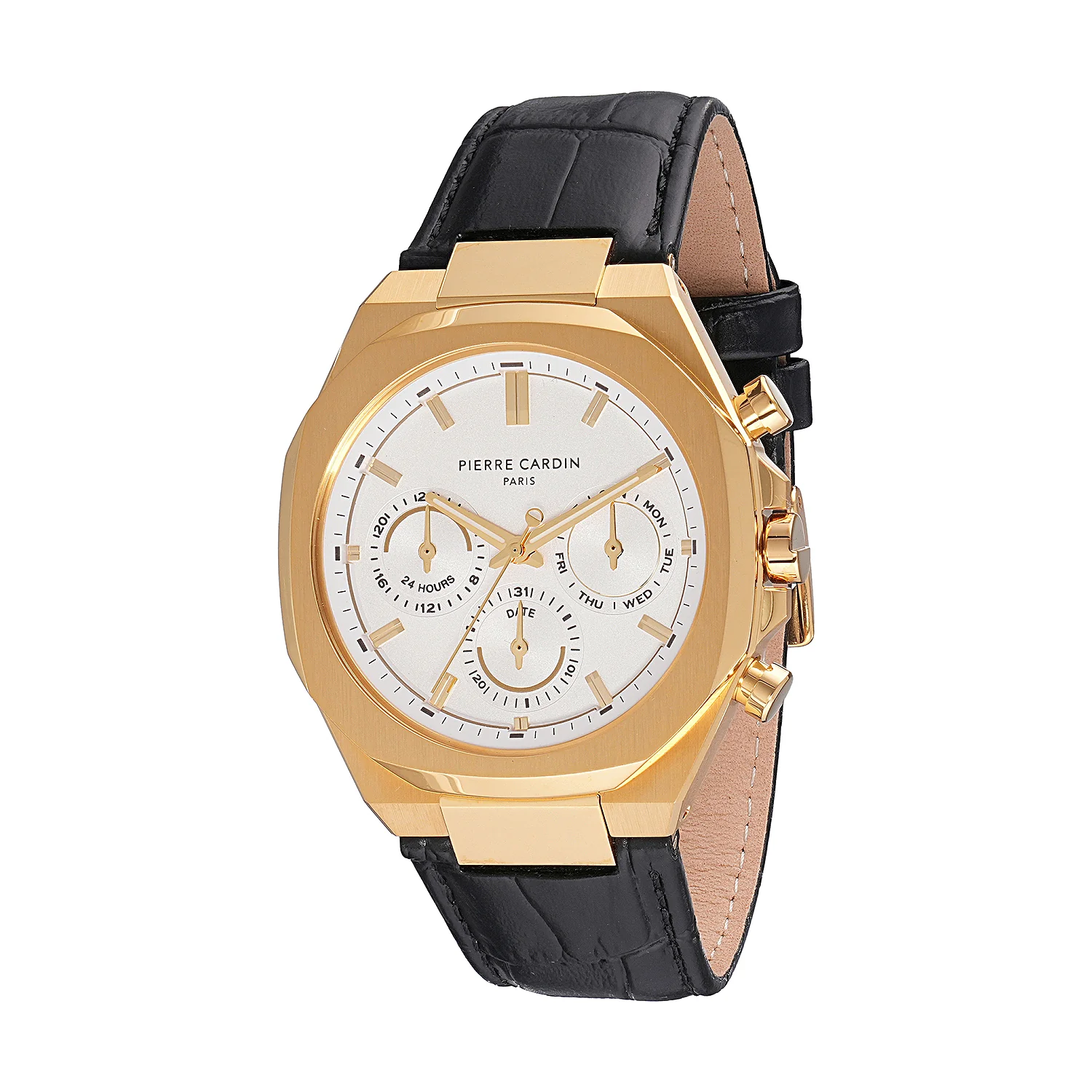 Maison 8 Vogue Men’s 42mm Gold Stainless Steel Watch - Silver White Dial with Black Leather Strap
