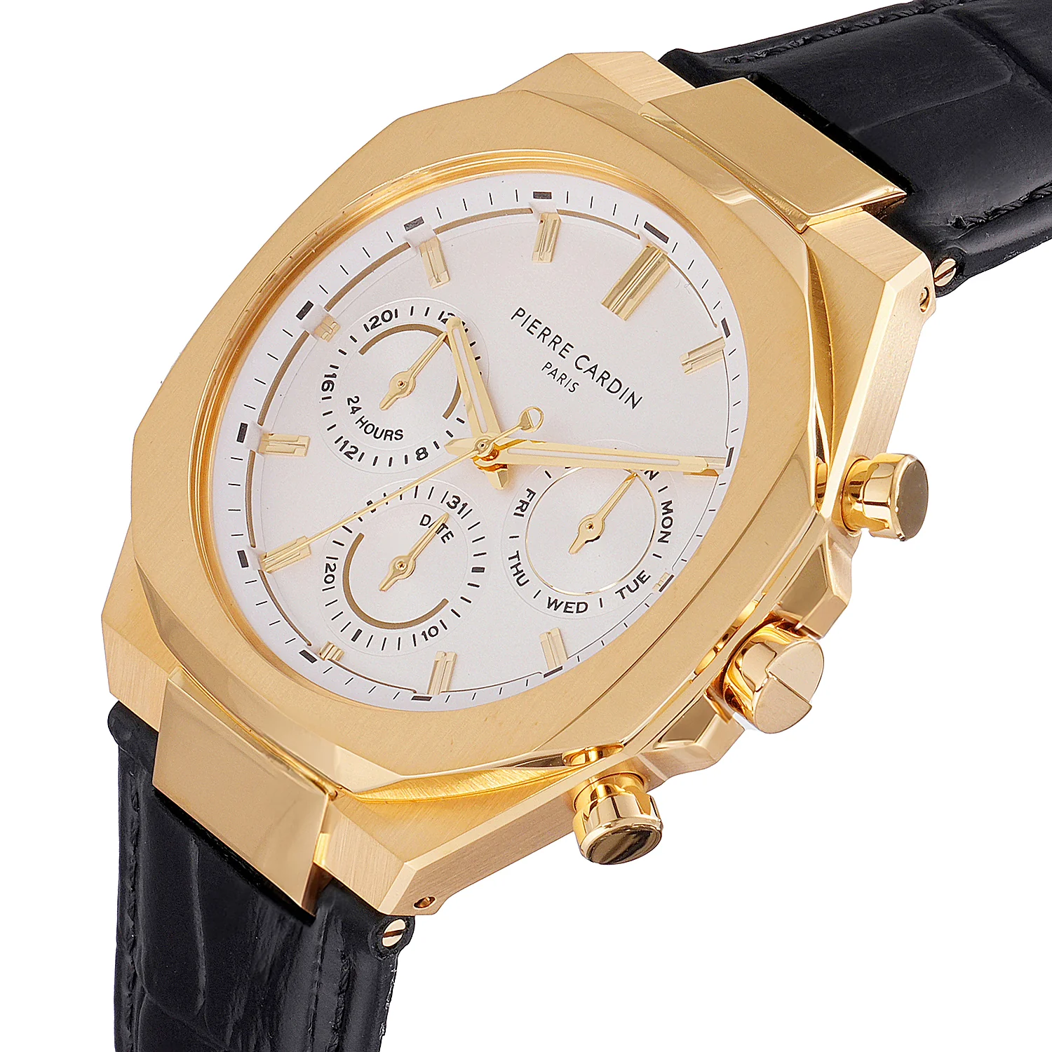 Maison 8 Vogue Men’s 42mm Gold Stainless Steel Watch - Silver White Dial with Black Leather Strap - Image 2