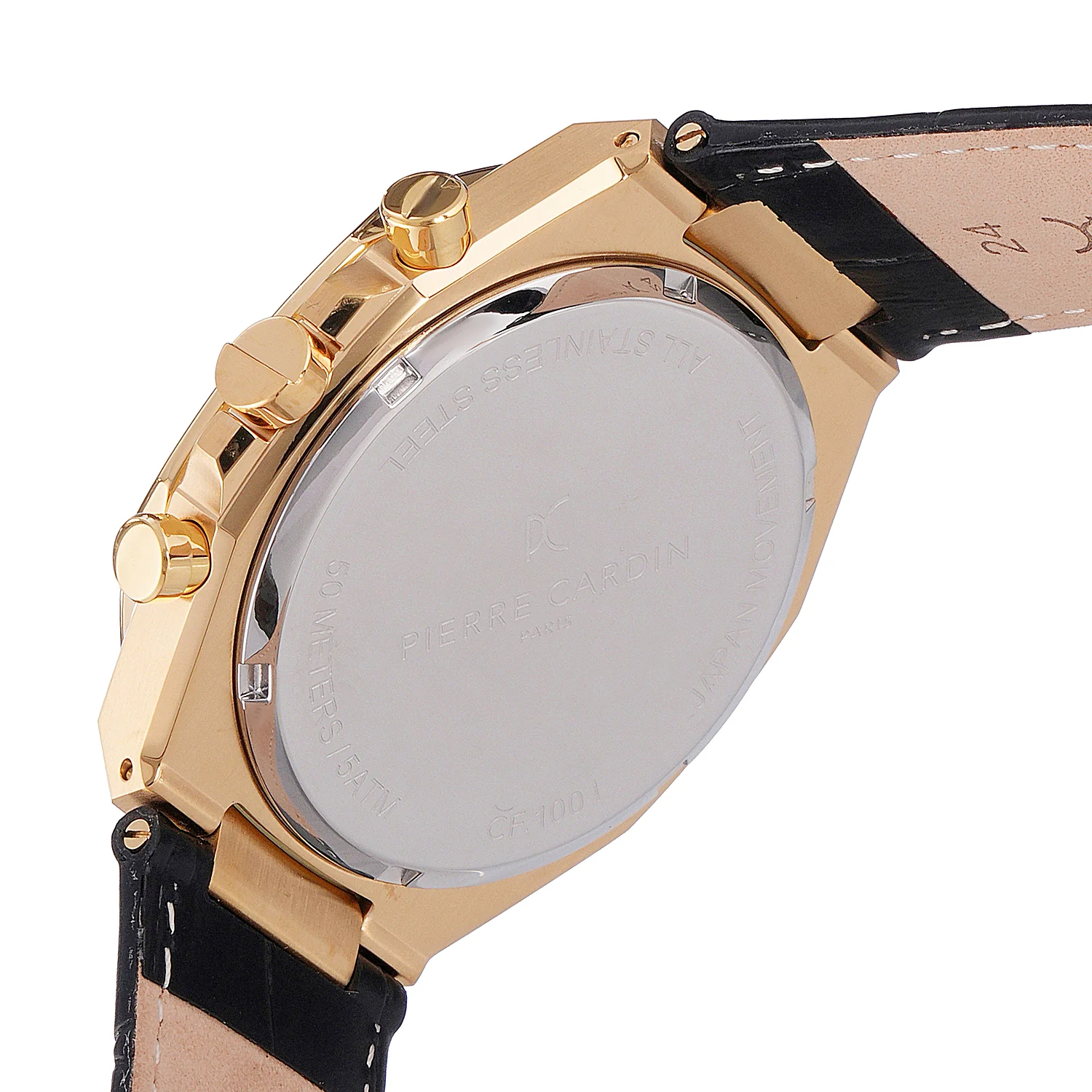 Maison 8 Vogue Men’s 42mm Gold Stainless Steel Watch - Silver White Dial with Black Leather Strap - Image 4