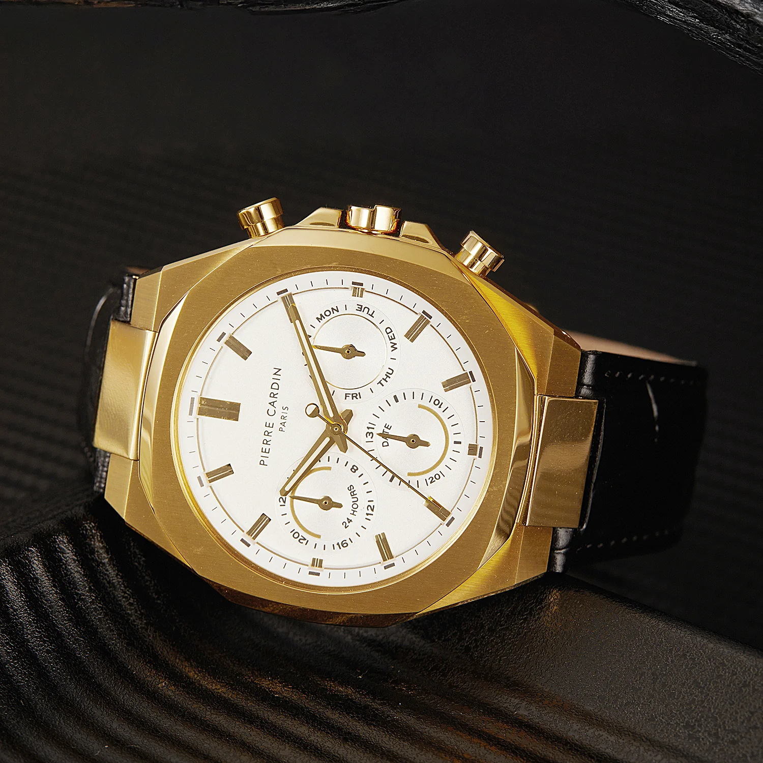 Maison 8 Vogue Men’s 42mm Gold Stainless Steel Watch - Silver White Dial with Black Leather Strap - Image 6