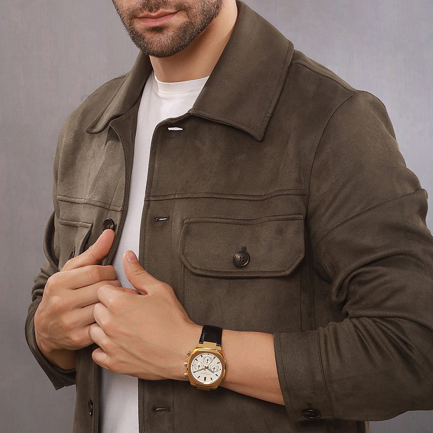 Maison 8 Vogue Men’s 42mm Gold Stainless Steel Watch - Silver White Dial with Black Leather Strap - Image 7
