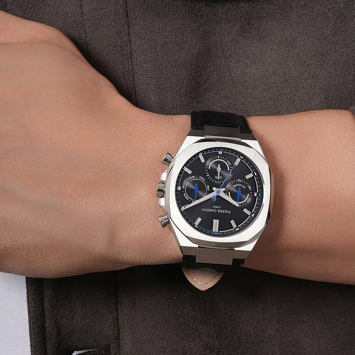 Maison 8 Vogue Men’s 42mm Stainless Steel Watch - Black Dial with Black Leather Strap