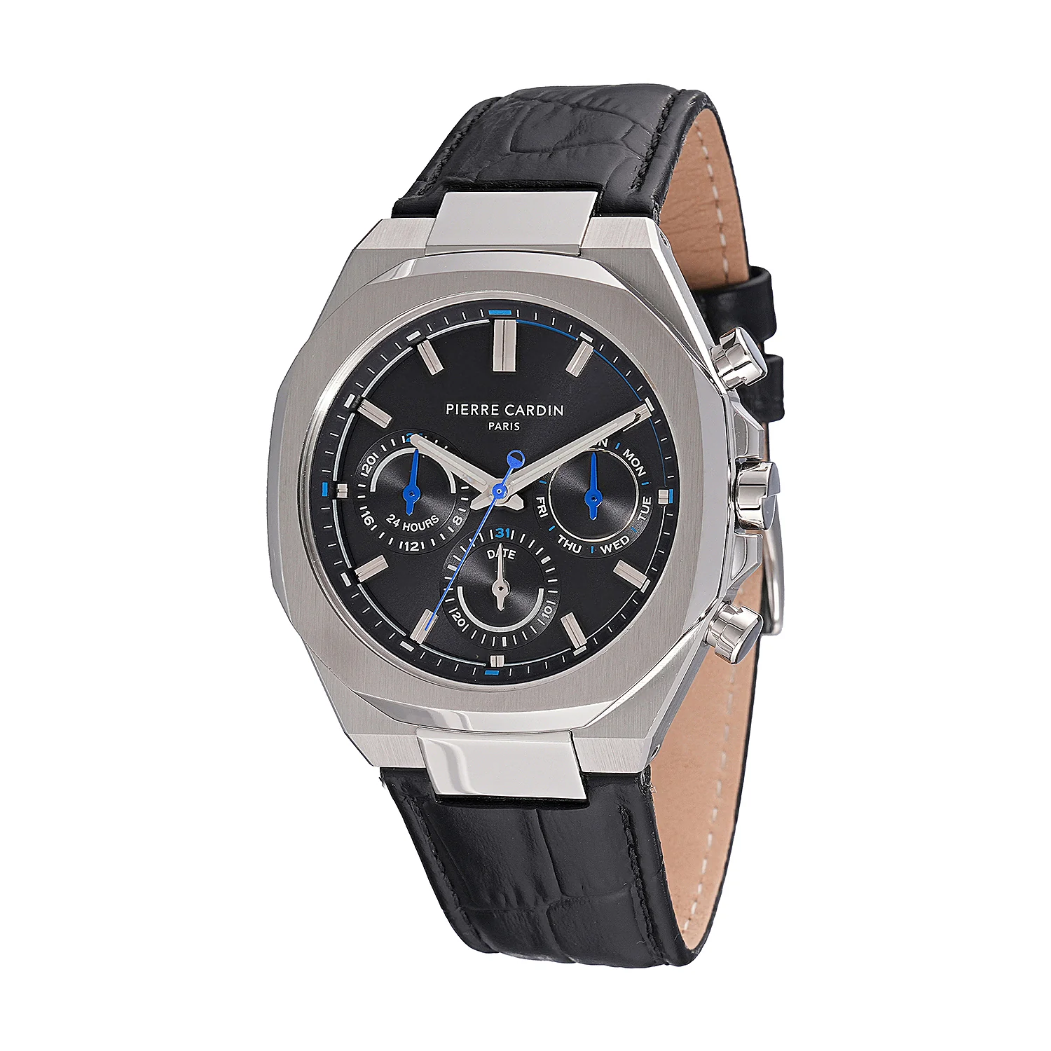 Maison 8 Vogue Men’s 42mm Stainless Steel Watch - Black Dial with Black Leather Strap - Image 2