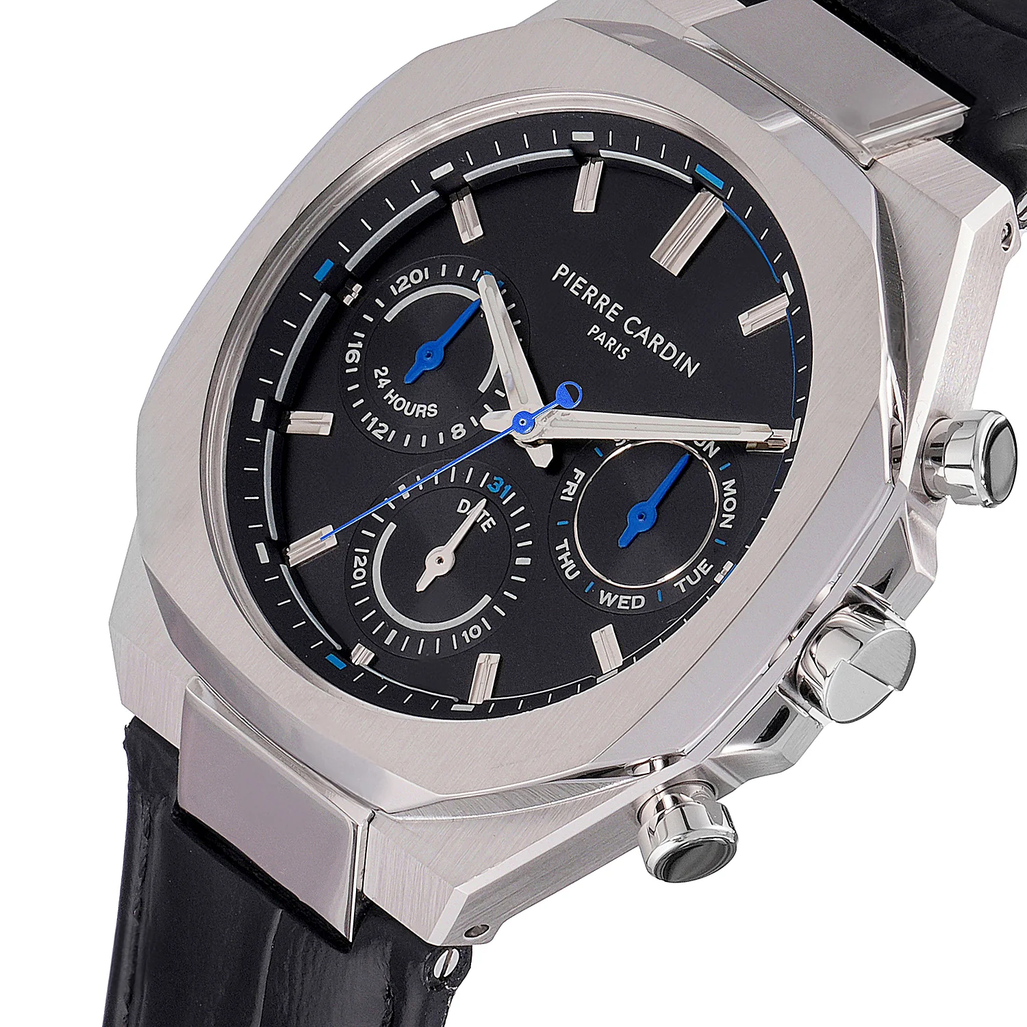 Maison 8 Vogue Men’s 42mm Stainless Steel Watch - Black Dial with Black Leather Strap - Image 3