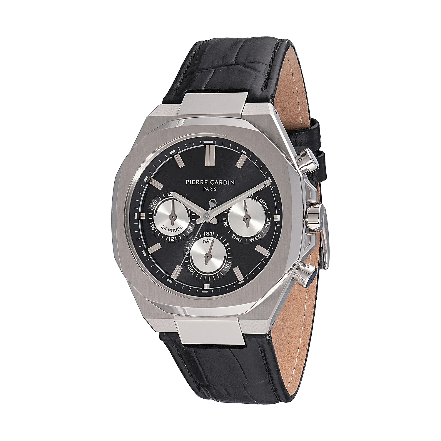 Maison 8 Vogue Men’s 42mm Stainless Steel Watch - Black Dial with Panda Eyes and Black Leather Strap