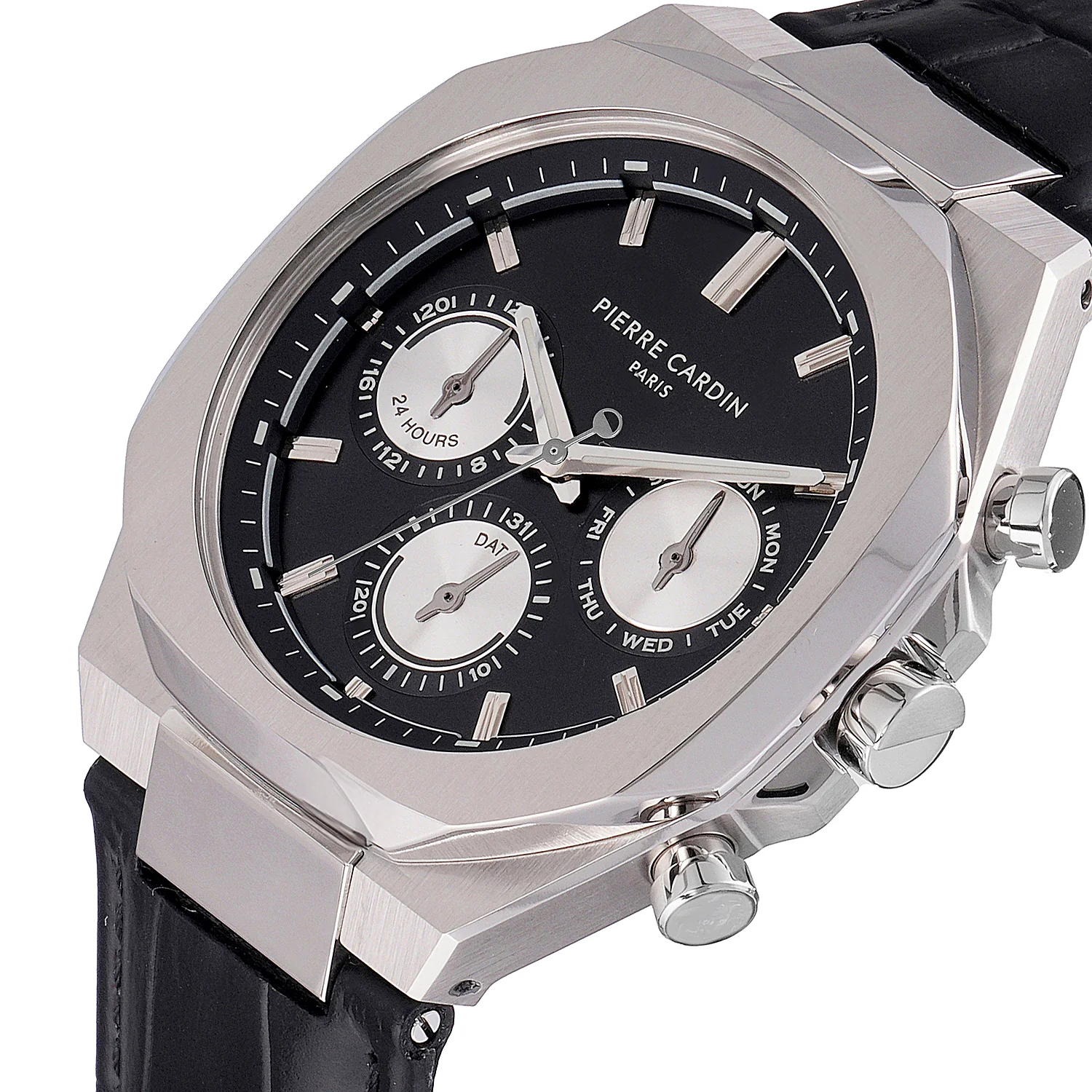 Maison 8 Vogue Men’s 42mm Stainless Steel Watch - Black Dial with Panda Eyes and Black Leather Strap - Image 2