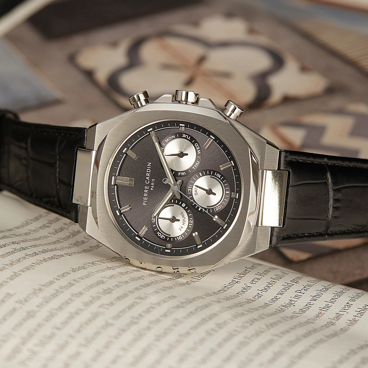 Maison 8 Vogue Men’s 42mm Stainless Steel Watch - Black Dial with Panda Eyes and Black Leather Strap - Image 6