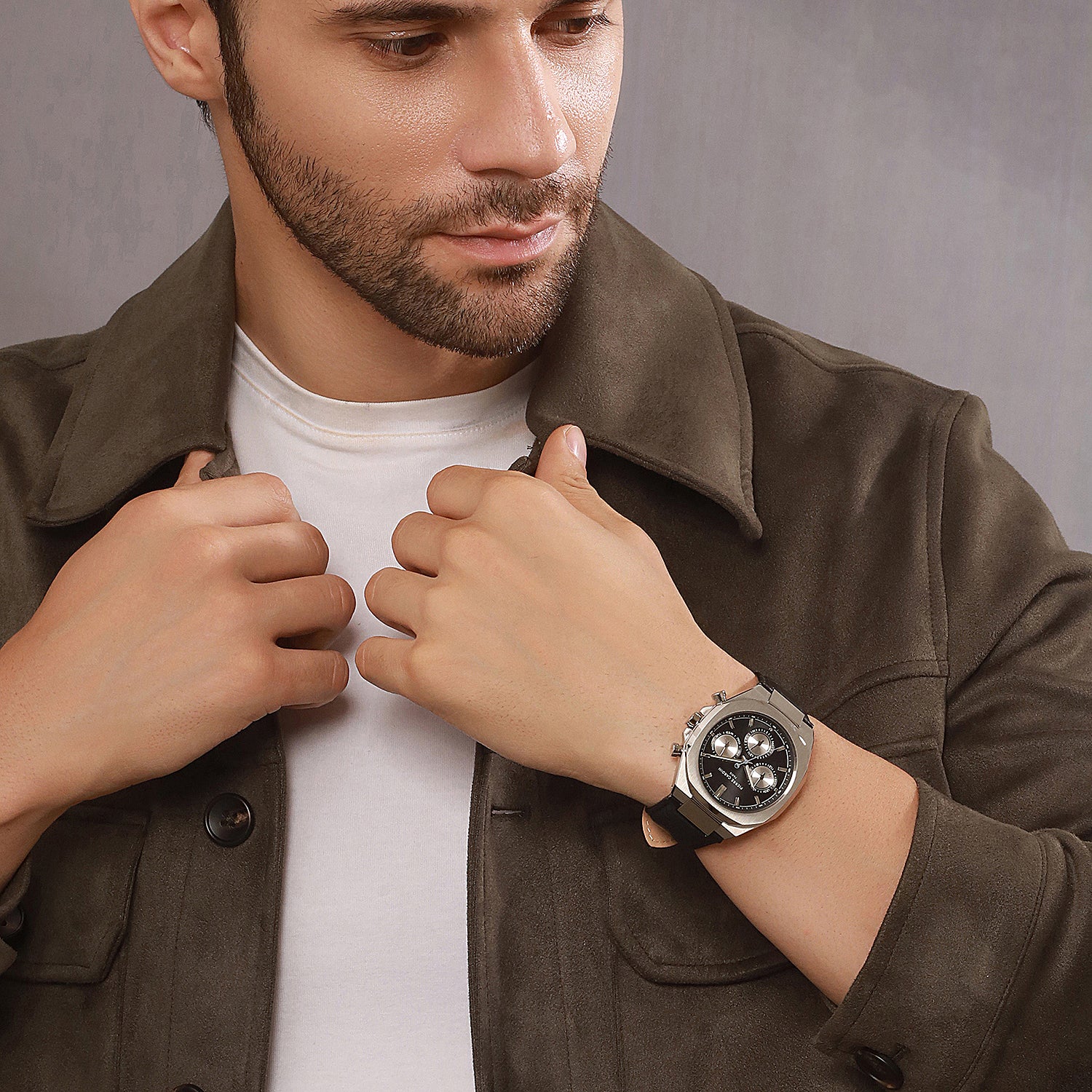 Maison 8 Vogue Men’s 42mm Stainless Steel Watch - Black Dial with Panda Eyes and Black Leather Strap - Image 7