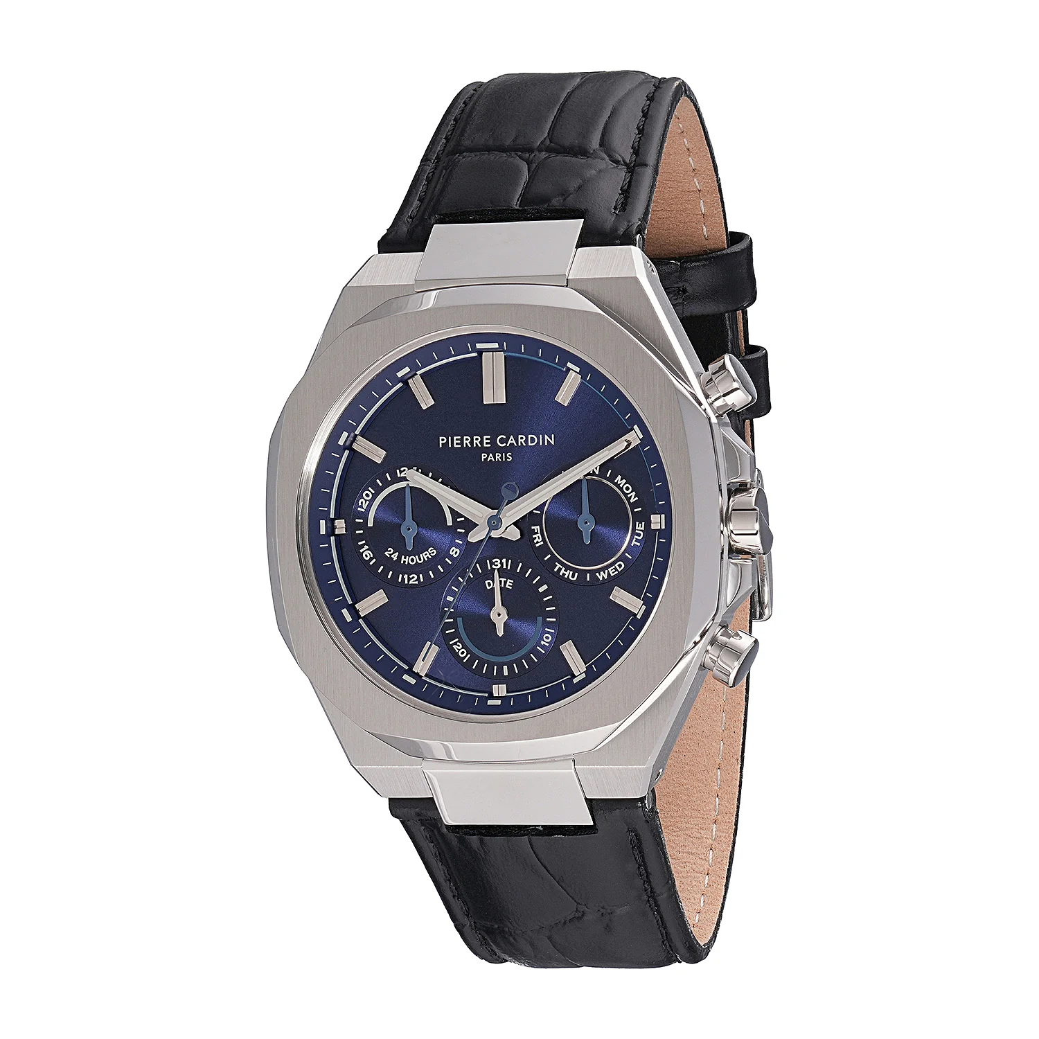 Maison 8 Vogue Men’s 42mm Stainless Steel Watch - Blue Dial with Black Leather Strap