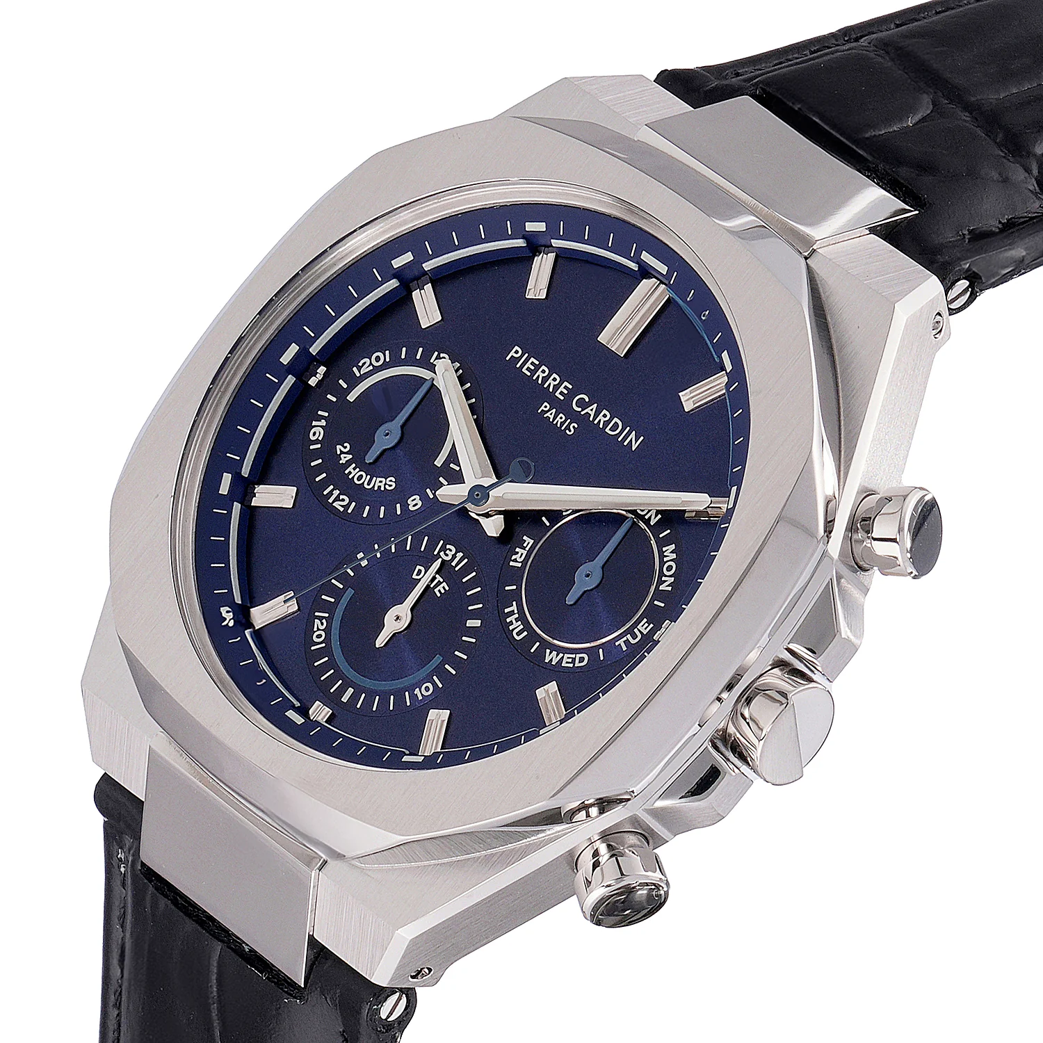 Maison 8 Vogue Men’s 42mm Stainless Steel Watch - Blue Dial with Black Leather Strap - Image 2