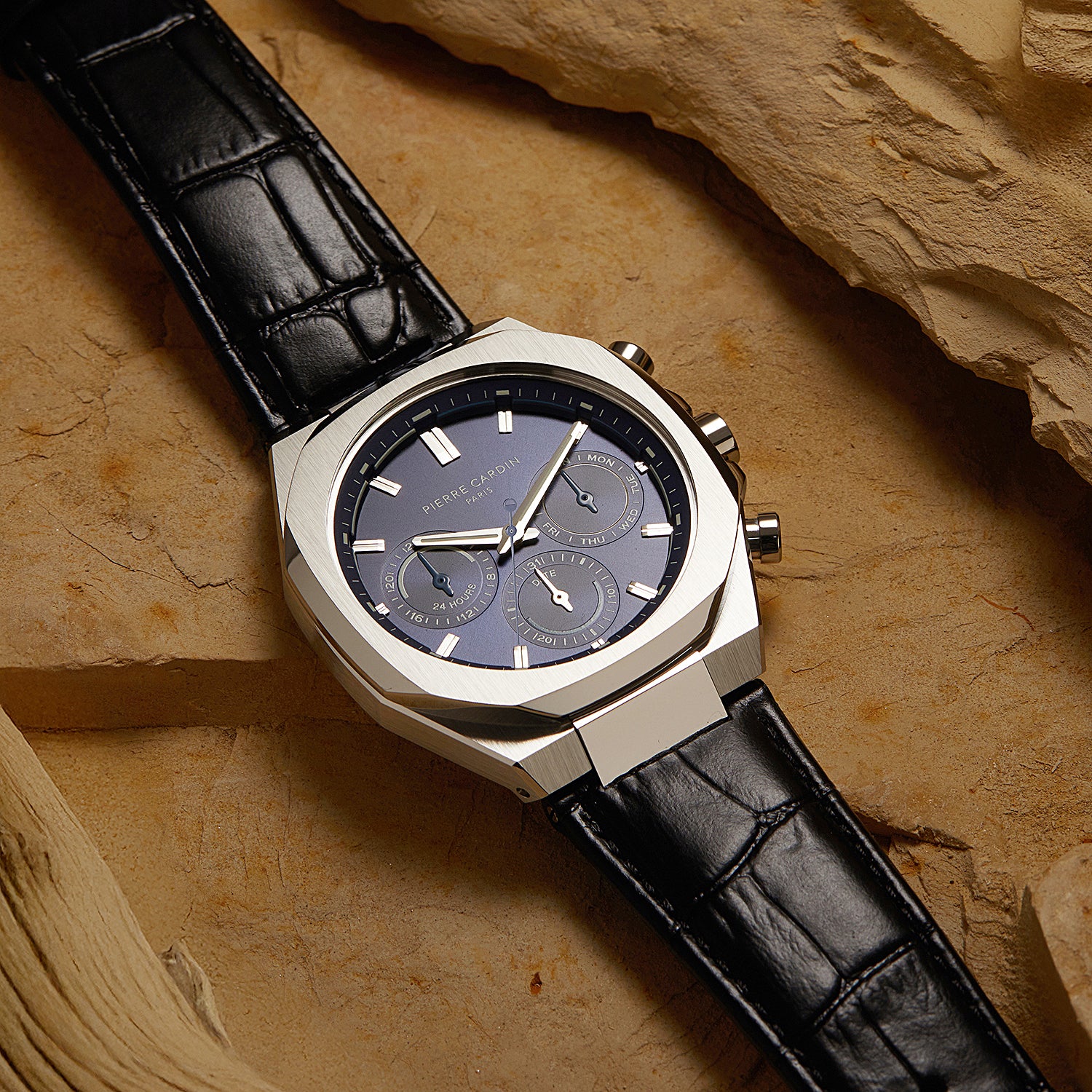 Maison 8 Vogue Men’s 42mm Stainless Steel Watch - Blue Dial with Black Leather Strap - Image 5