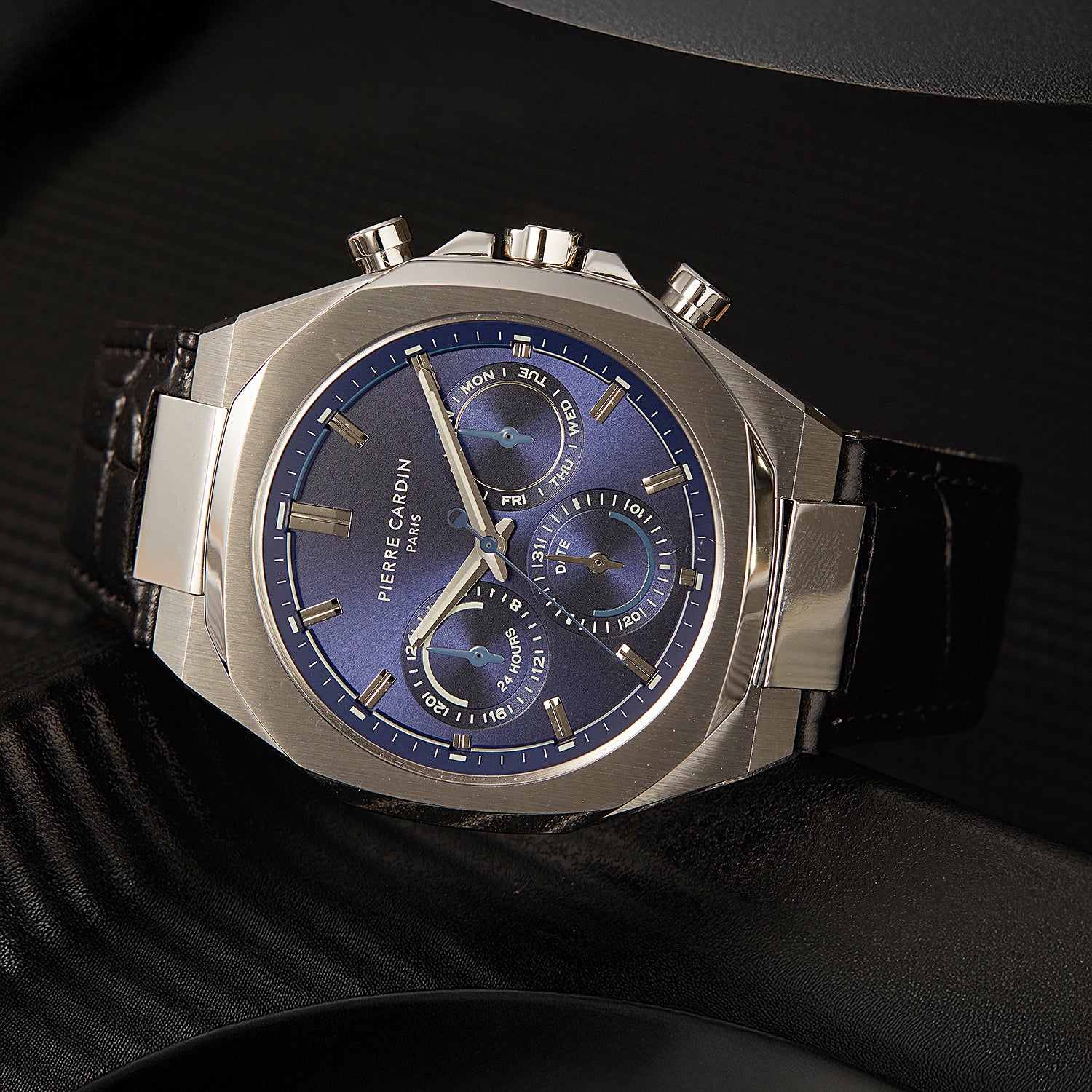 Maison 8 Vogue Men’s 42mm Stainless Steel Watch - Blue Dial with Black Leather Strap - Image 6